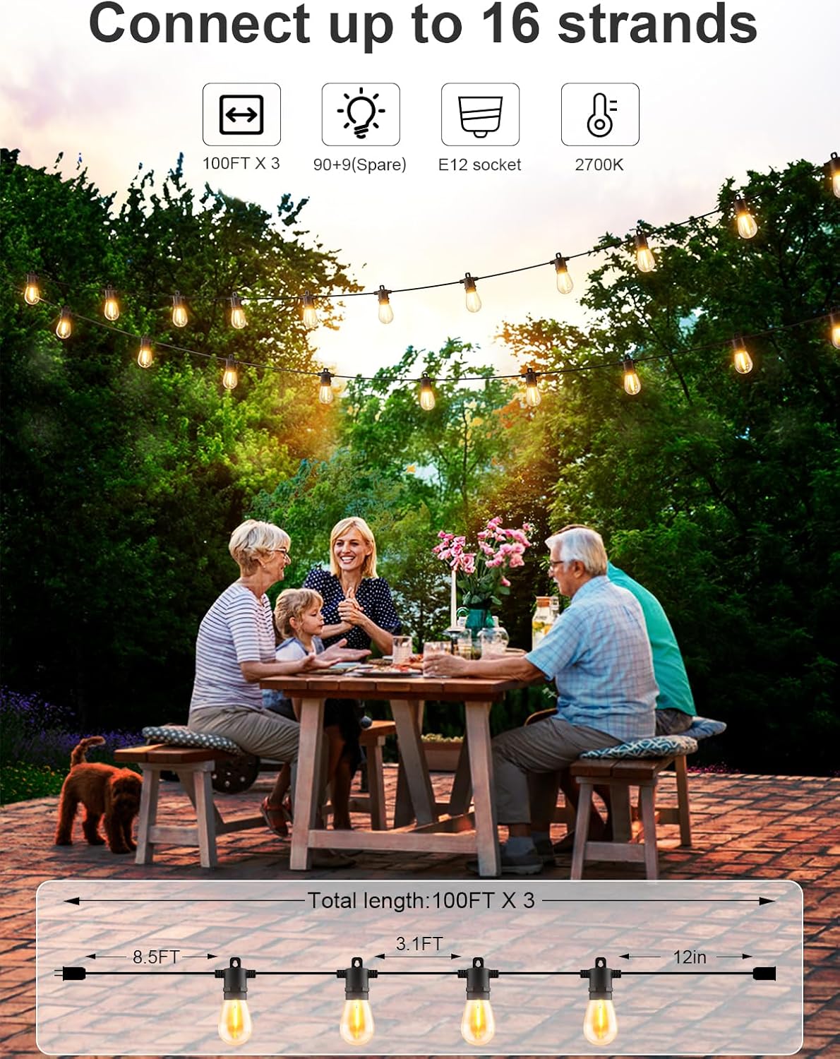 Svater Outdoor String Lights 300 FT, Patio Lights for Outside with Shatterproof Bulbs, Waterproof IP65 Commercial Hanging Light for Backyard Porch Balcony Bistro Party, 2700K