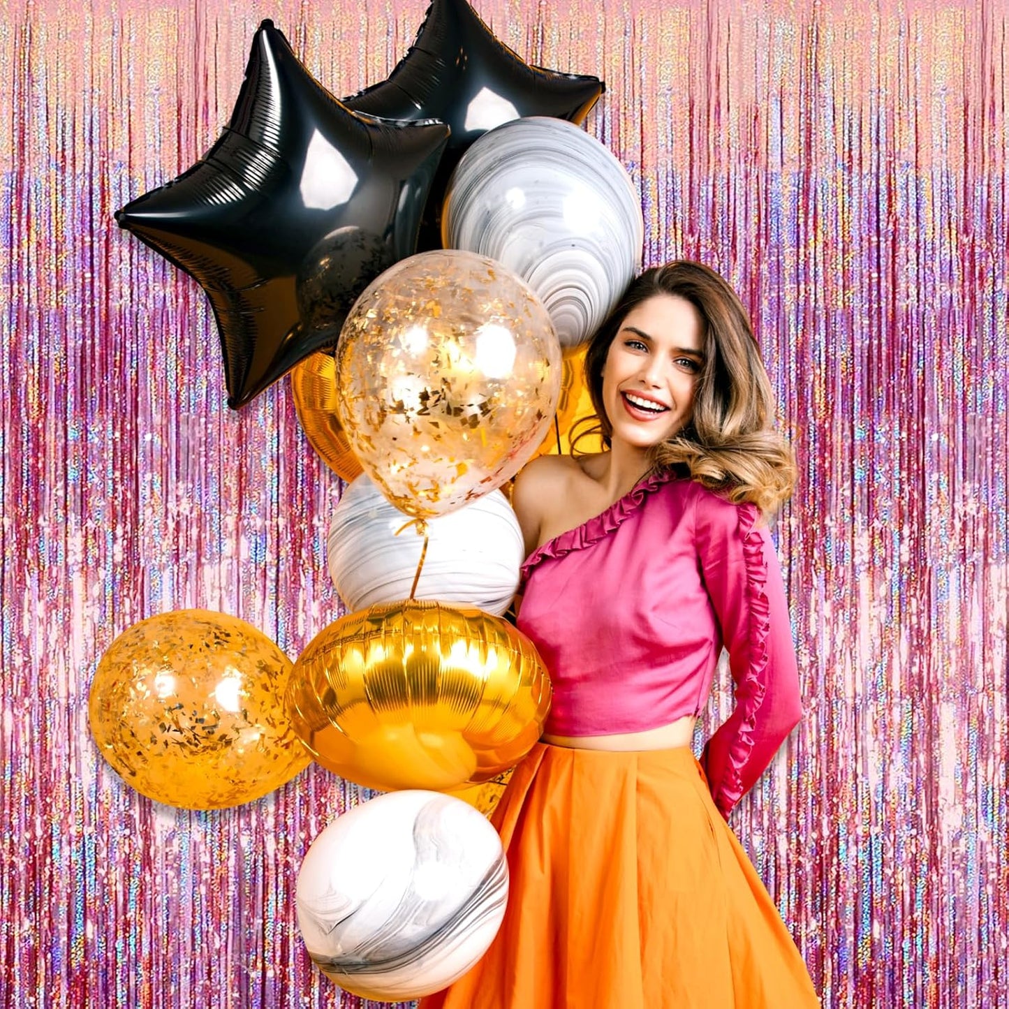 3 Pack Rose Gold Foil Fringe Curtain Backdrop, 3.28Ft x 8.2Ft Metallic Tinsel Foil Fringe Streamer Curtains for Photo Booth, Christmas Day, New Year, Wedding Party Decorations