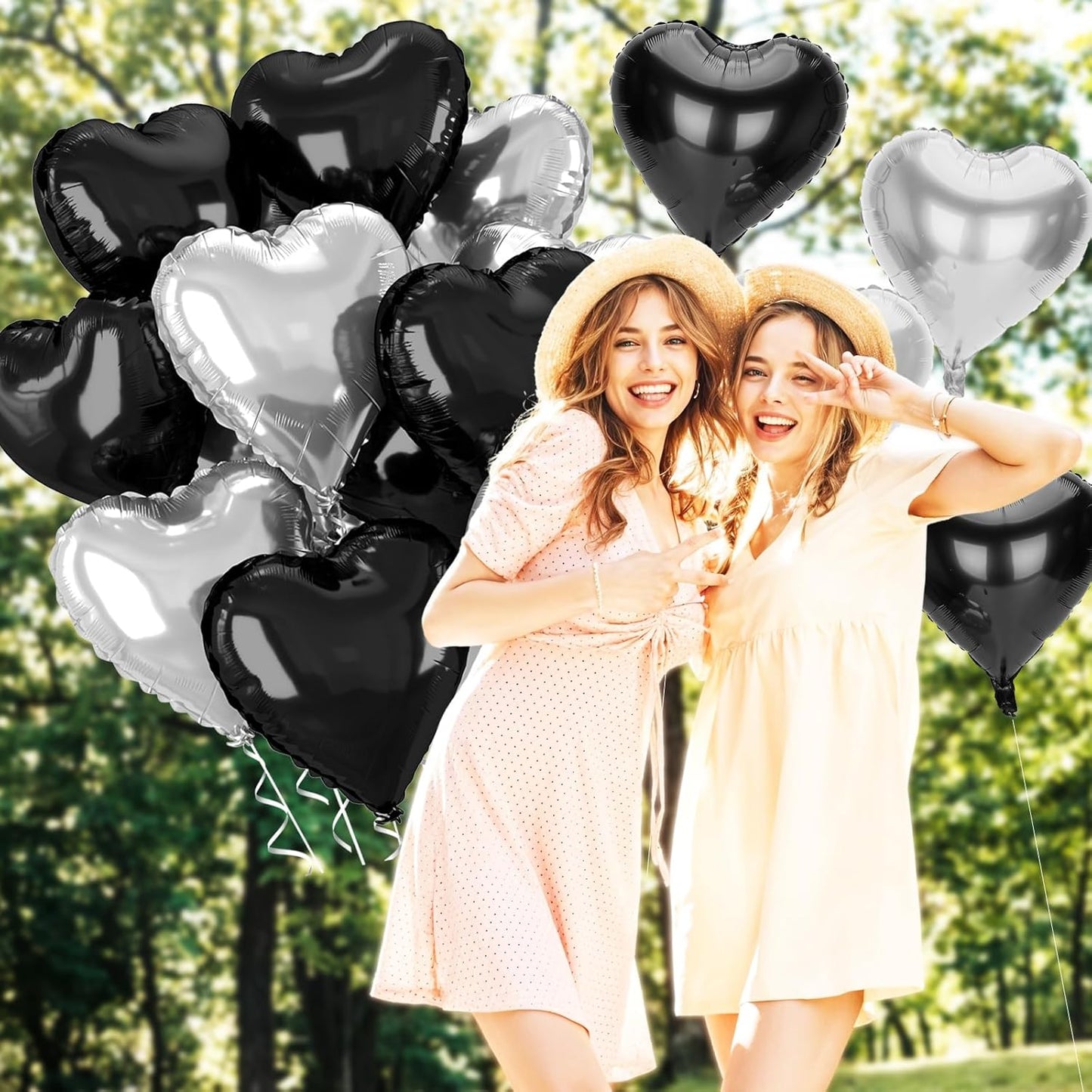 12 Pcs Heart Balloons, 18 inch Black Silver Heart Shaped Balloon, Big Helium Foil Black Silver Balloons for Wedding Baby Shower Anniversary Backdrop Valentine Party Decoration