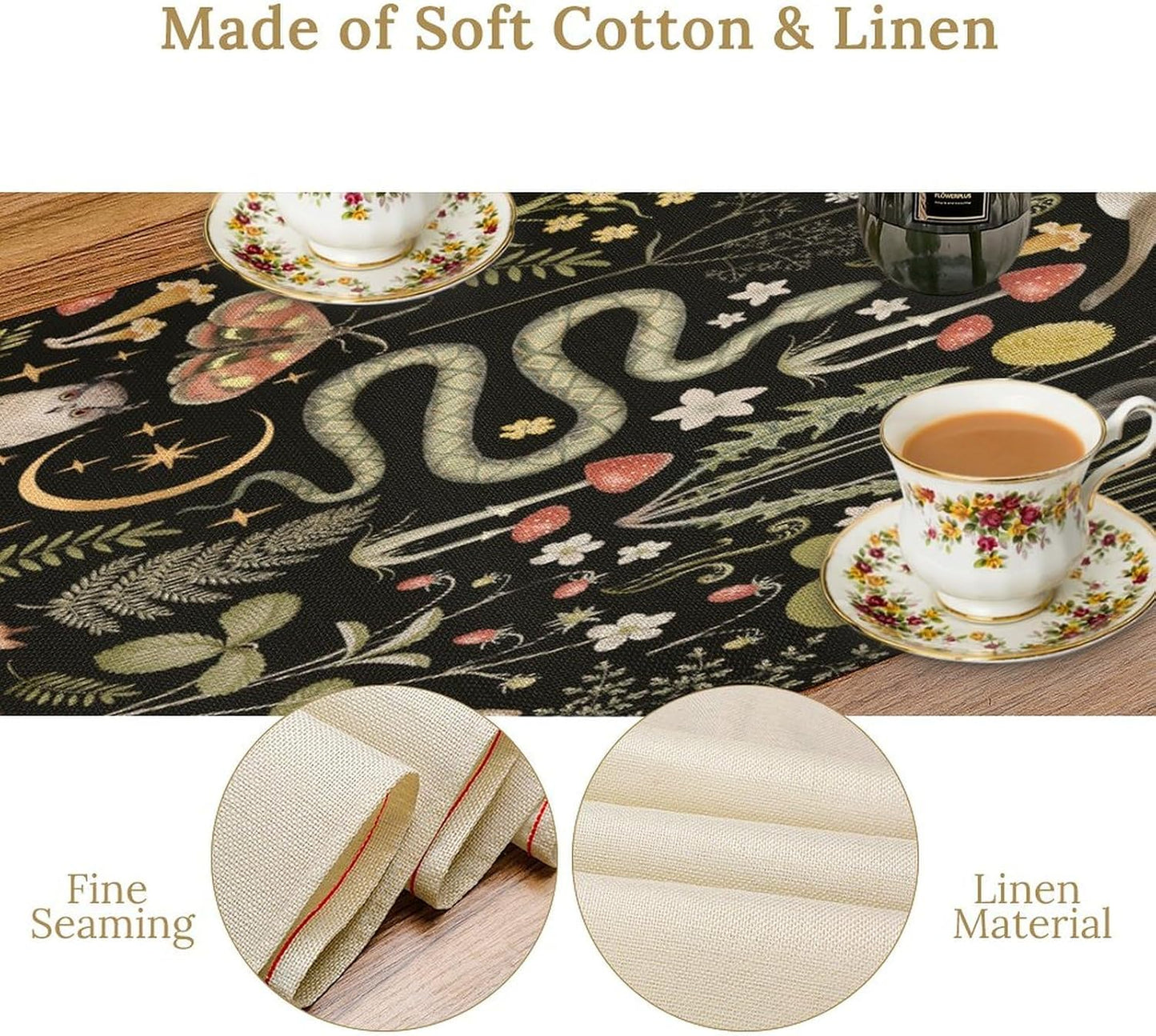 Mushroom Table Runner,Vintage Boho Forest Wild Animal Wildflower Botanical Plants Pattern Print Burlap Hotel Indoors Outdoor Dining Room Kitchen Holiday Party, 13x108in