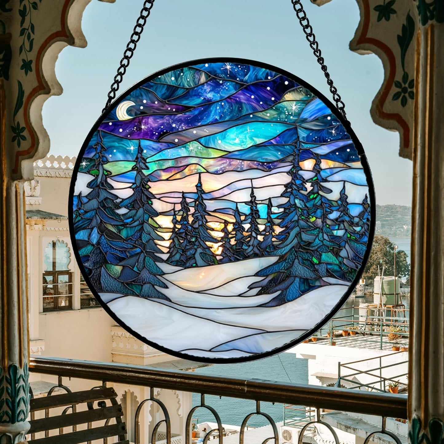 Stained Glass Window Hanging, Starry Sky Trees and Snow Sun Catchers Glass Panel Blue Suncatcher Decor for Birthday for Women, Men, Wife, Aunt, and Mom 14.9x14.9 in