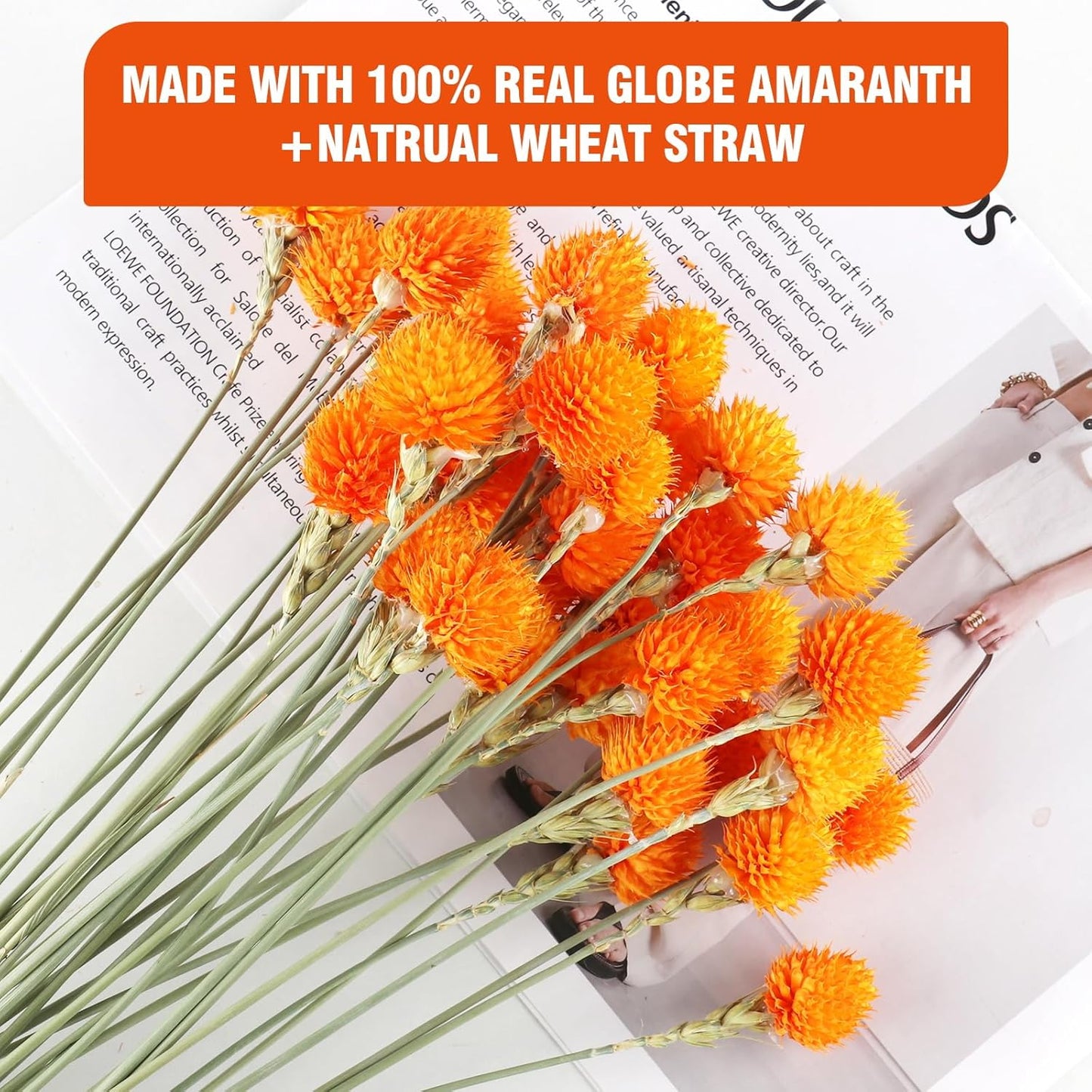 Dried Globe Amaranth Flower with Wheat Straw Natural - 40PCS Bouquet for Vase Home Decor Party DIY Arrangement (Orange)