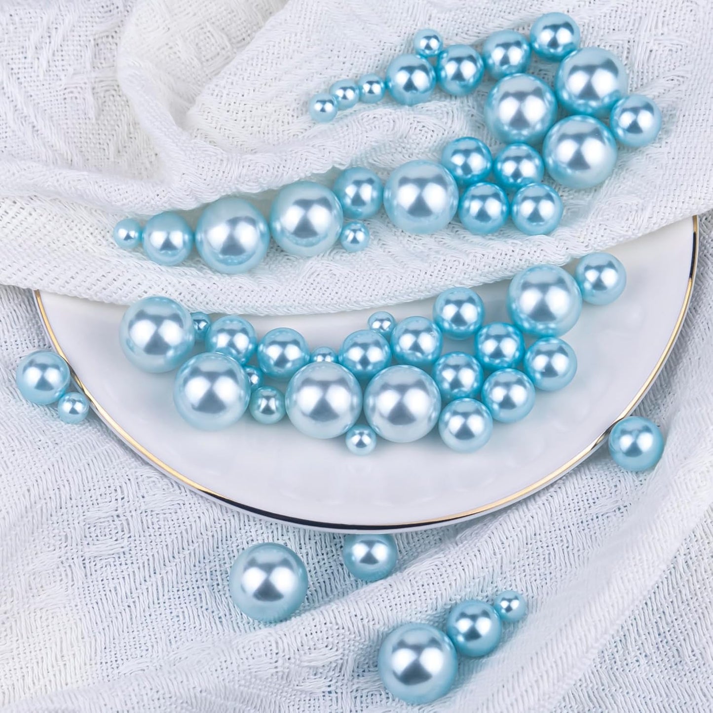 300Pcs Light Blue Polished No Hole Faux Pearl Beads for Vase Filling Decorations, Plastic Pearls Vase Fillers, Table Scatters, Wedding Centerpiece, Home Decor, 8/14/20 mm