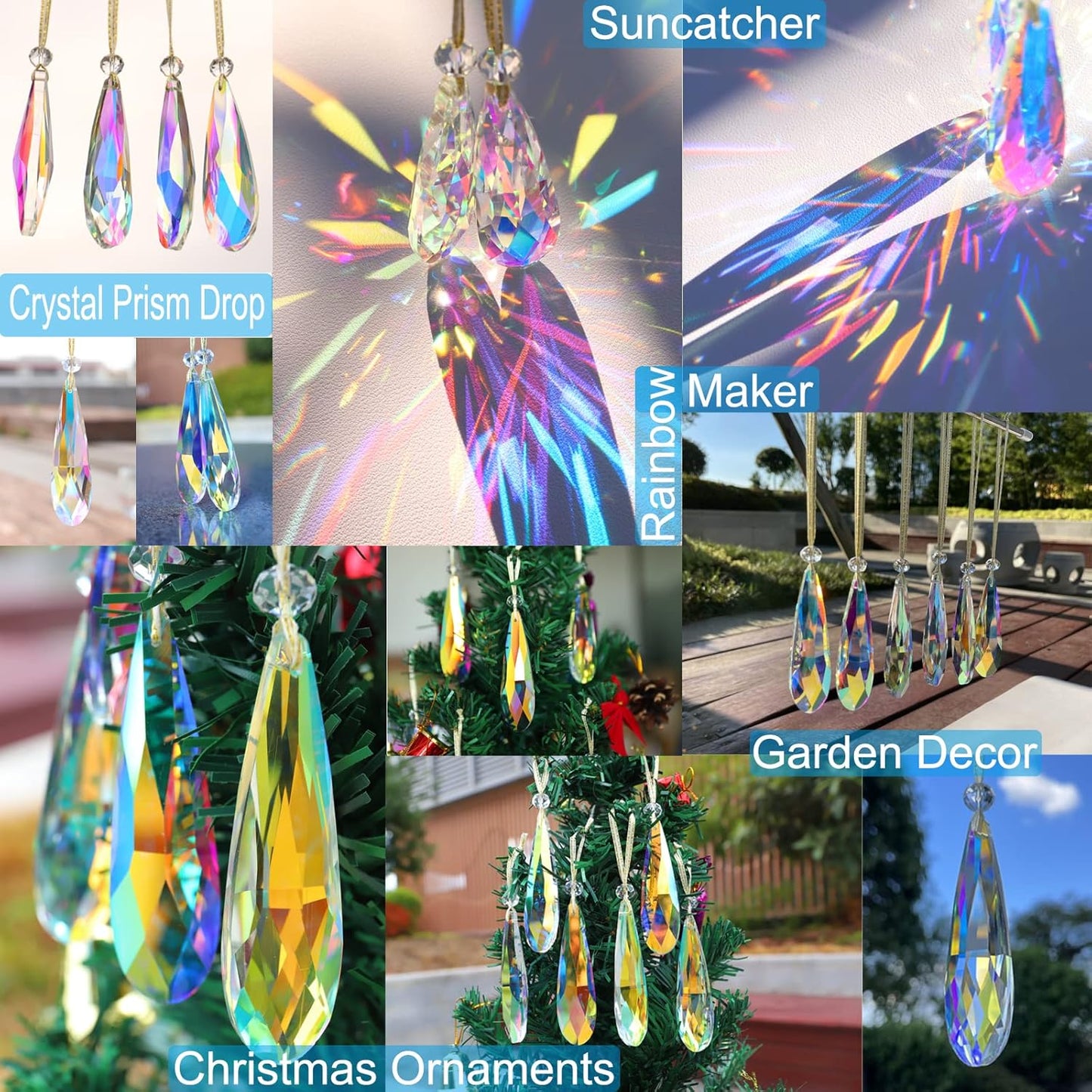 Crystal Glass Christmas Ornaments, 6Pcs Teardrop Prism Hanging Crystals for Christmas Tree,Centerpieces,Wedding,Party Decor (Crystal AB)