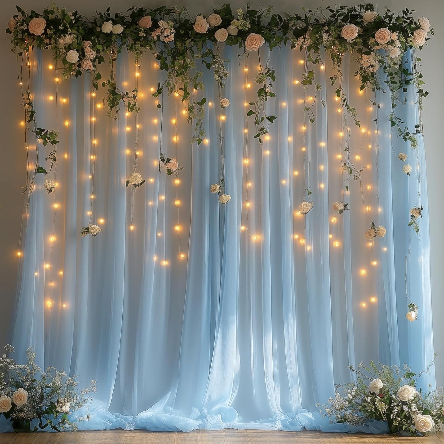 Baby Blue Tulle Backdrop Curtain with Lights String - 10x10ft Sheer Backdrop with 300 LEDs for Wedding, Baby Shower, Bridal Shower, Birthday Party Photo Shoot Background and Home Decorations