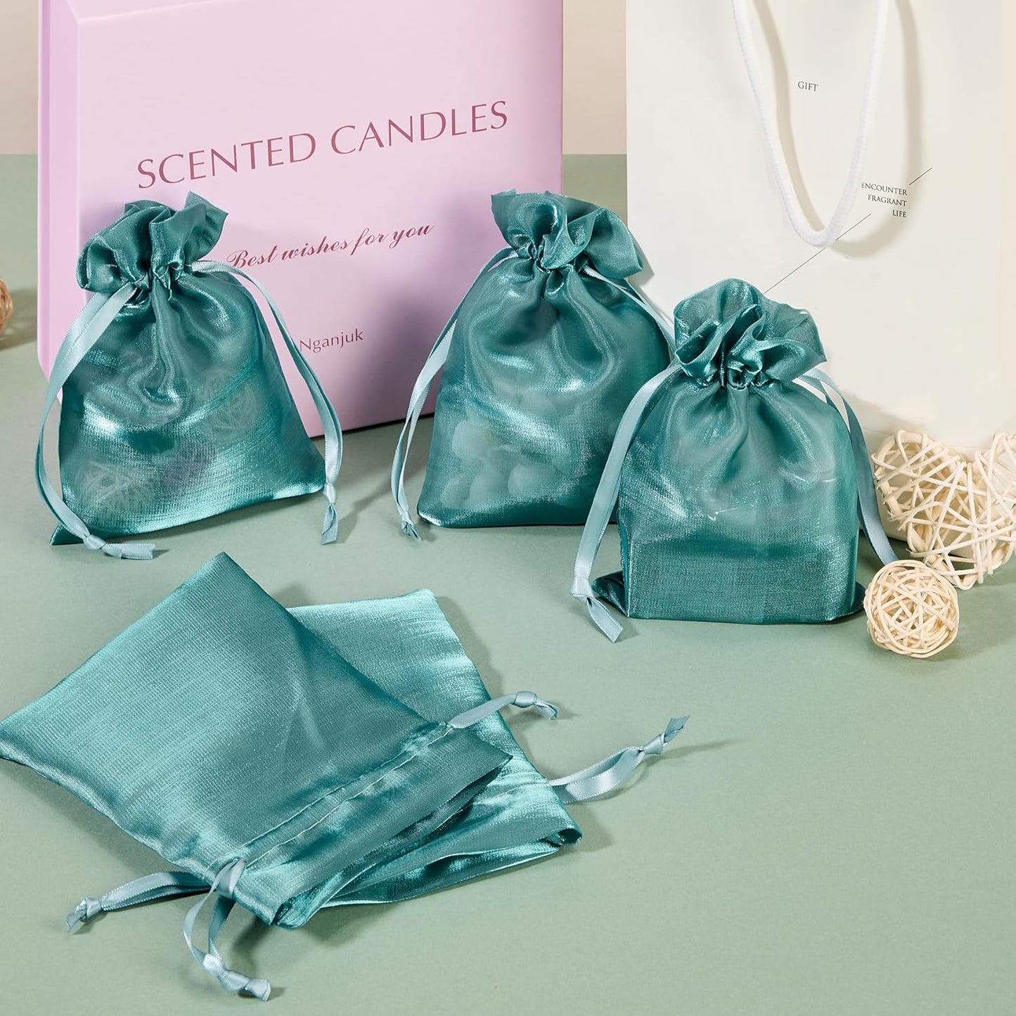 QIANF 20 Pcs Dark Green Small Organza Bags 3X4 inch for Wedding Favors with Drawstring, Mini Mesh Gift Bags Jewelry Pouch for Candy Bridal Shower Party Favor Baby Shower Christmas
