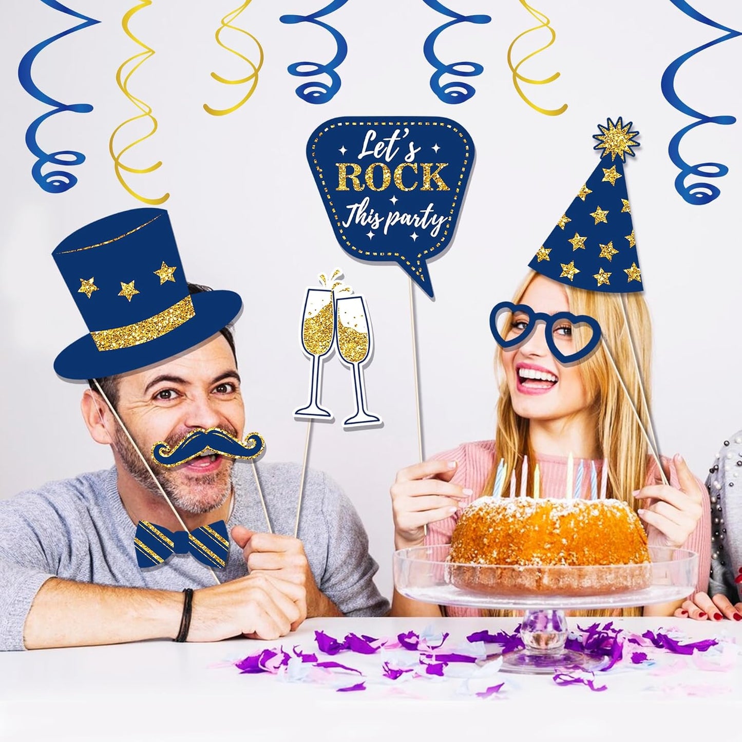 36 PCS Photo Booth Props Party Supplies Holiday Picture Decorations Blue Paper Photo Props for Birthday Party Favors Pose Sign Kit Fun