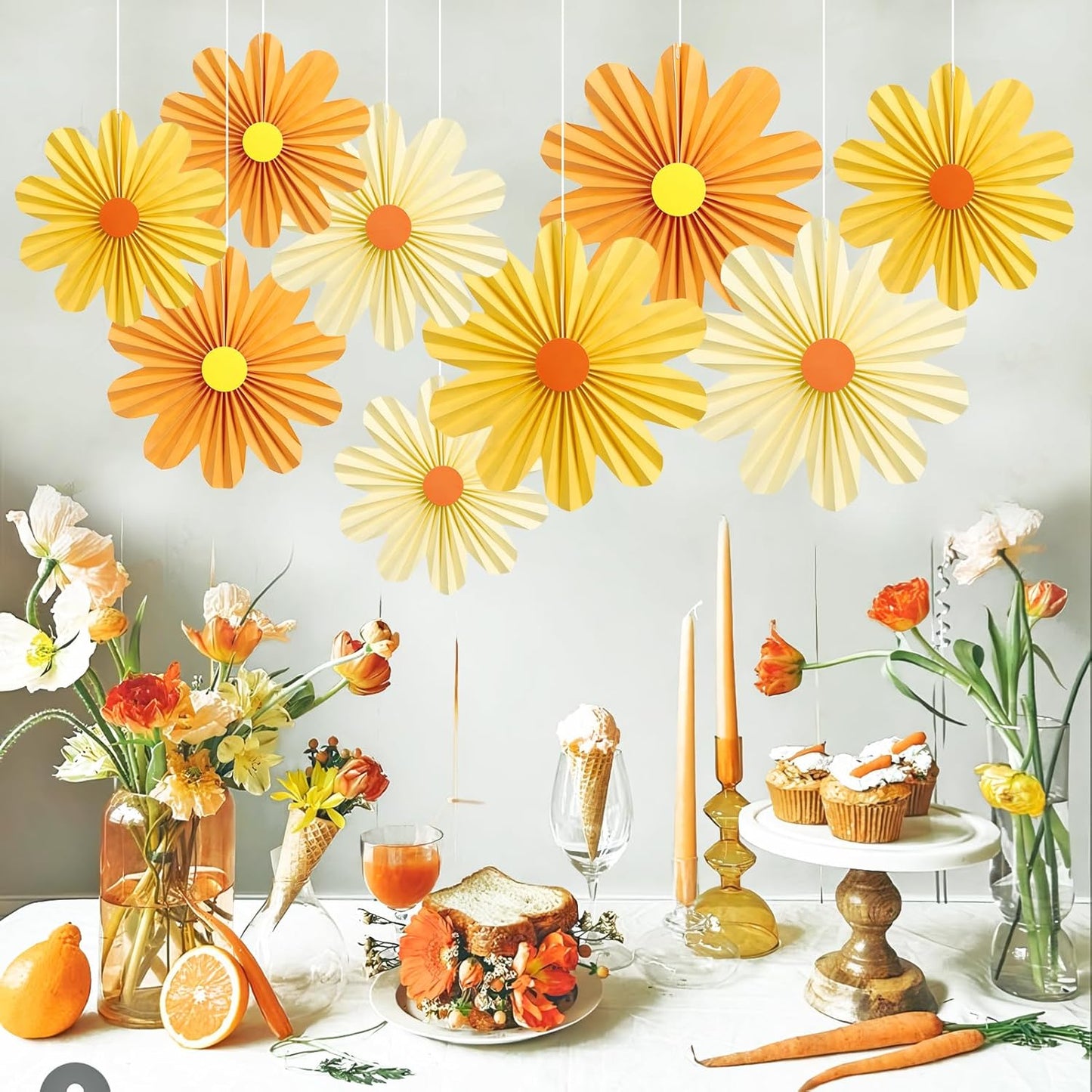 SUNBEAUTY 9 PCS Orange Paper Flowers Decorations for Wall Paper Fans Daisy Decoration Paper Floral Backdrop Decor Paper Fans Decoration