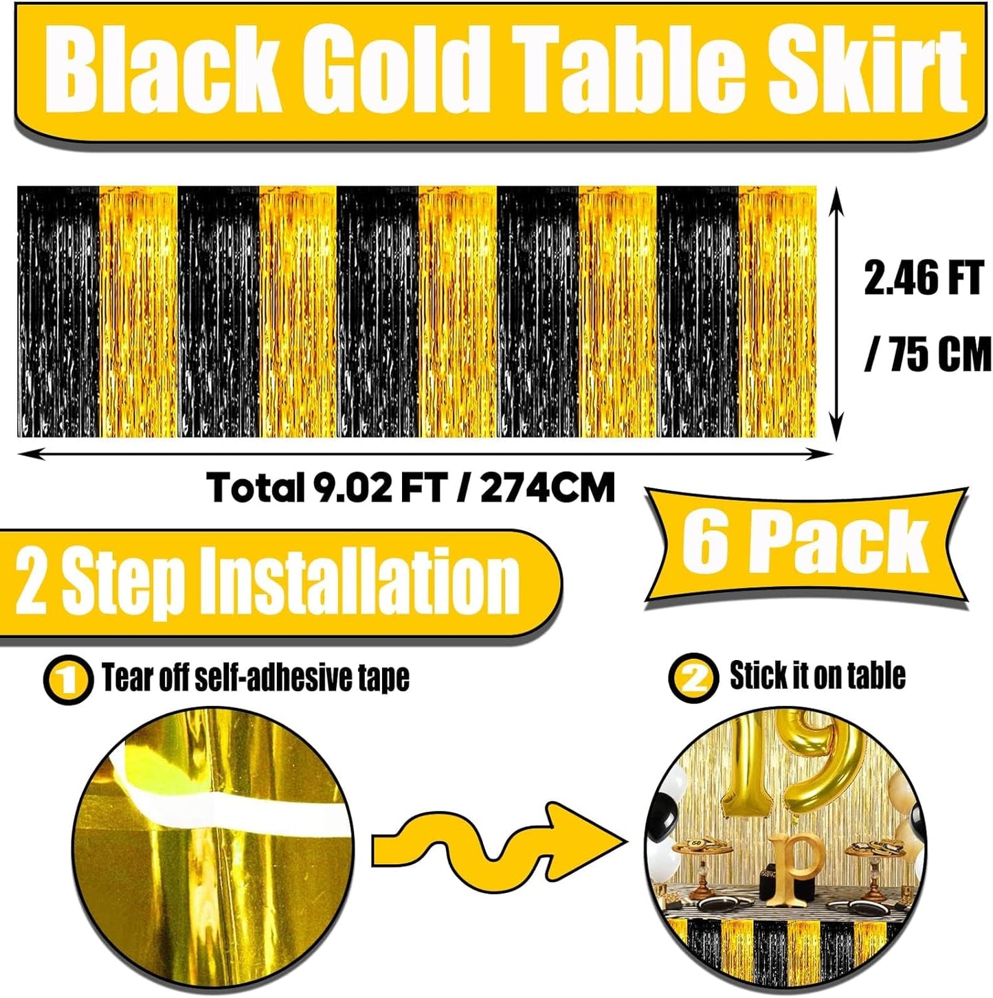 6 Pack 29x108 Inch Black Gold Metallic Foil Fringe Tinsel Table Skirts for Rectangle Tables Streamer Curtains Backdrop for Wedding, Parade Floats, Valentine's Day Birthday Graduation Party Decoration