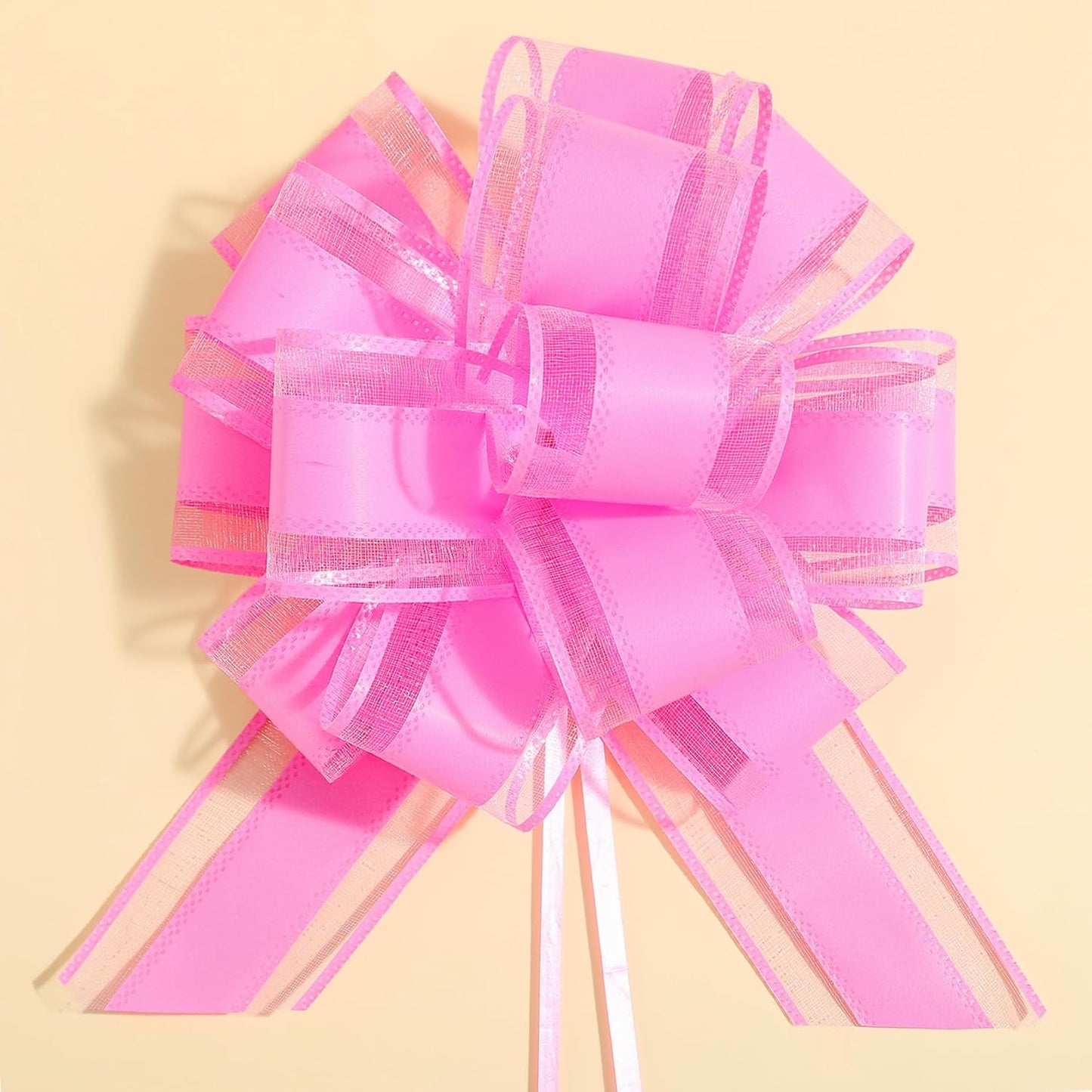 6 Count Pink Organza Satin Pull Bows, 6 inches, Wedding, Bridal Shower, Baby Shower, Modern Style, Flower Shaped, Easy to Use, Gift Wrapping Decorations