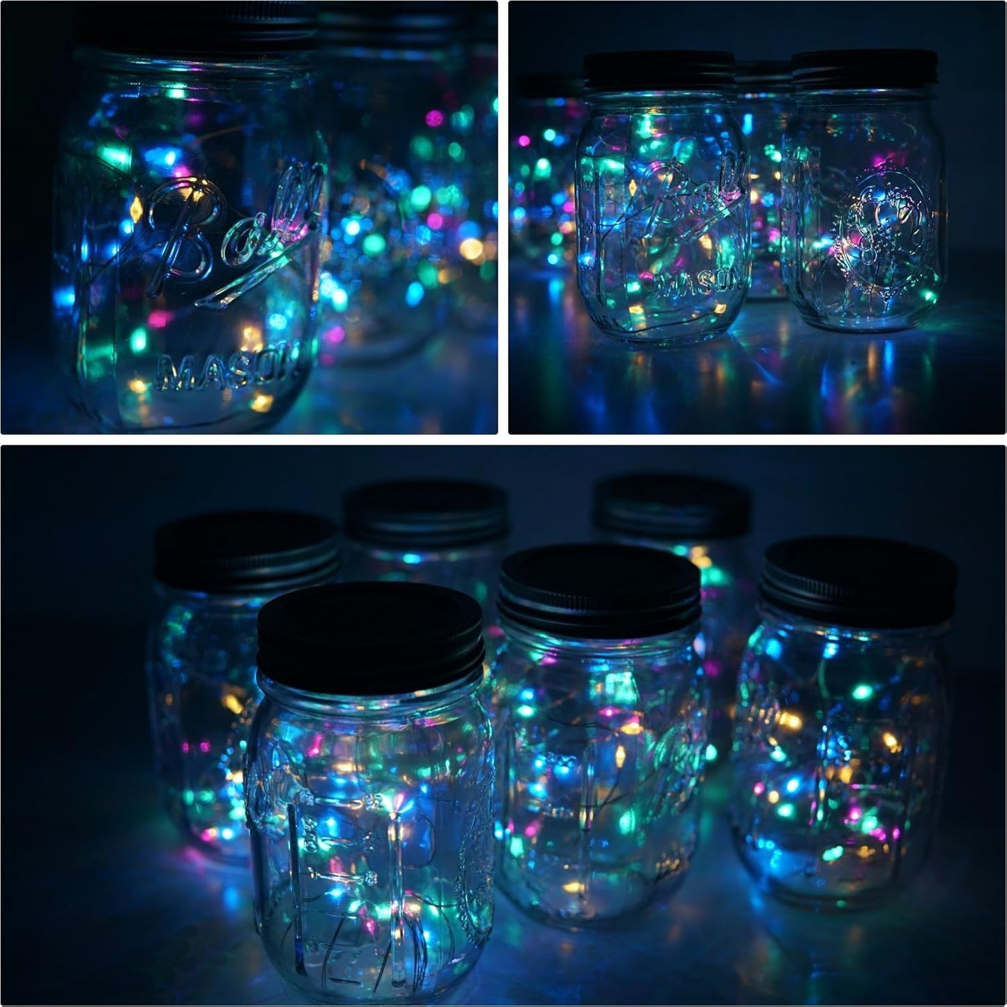 6 Pack Mason Jar Lights, 10 LED Solar Colorful Flicker Fairy String Lights Lids Insert for Garden Deck Patio Party Wedding Decorative Lighting Fit for Regular Mouth Jars