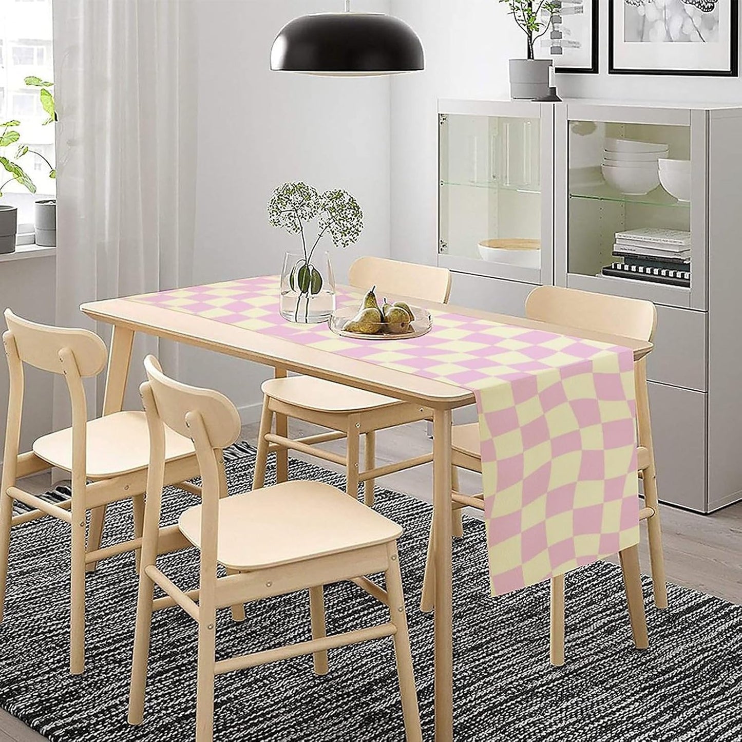 Hippie Table Runner Retro Geometric Square Purple Grid 60s70s Style Kitchen Restaurant Decoration for Indoor and Outdoor Wedding Party Table Runner 13x90 Inch