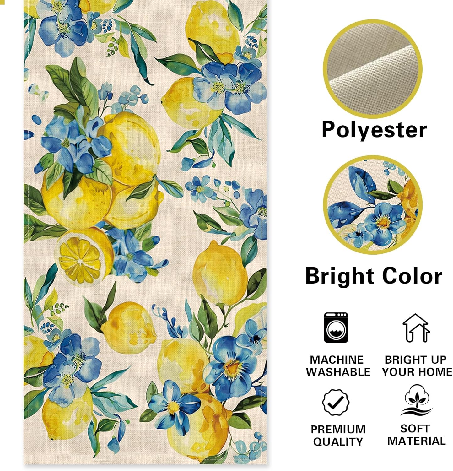 Lemon Blue Flower Dining Table Runner, Spring Summer Fruit Floral Burlap Kitchen Decoration, Seasonal Indoor Outdoor Home Decor Party Supply 13 x 72 Inches