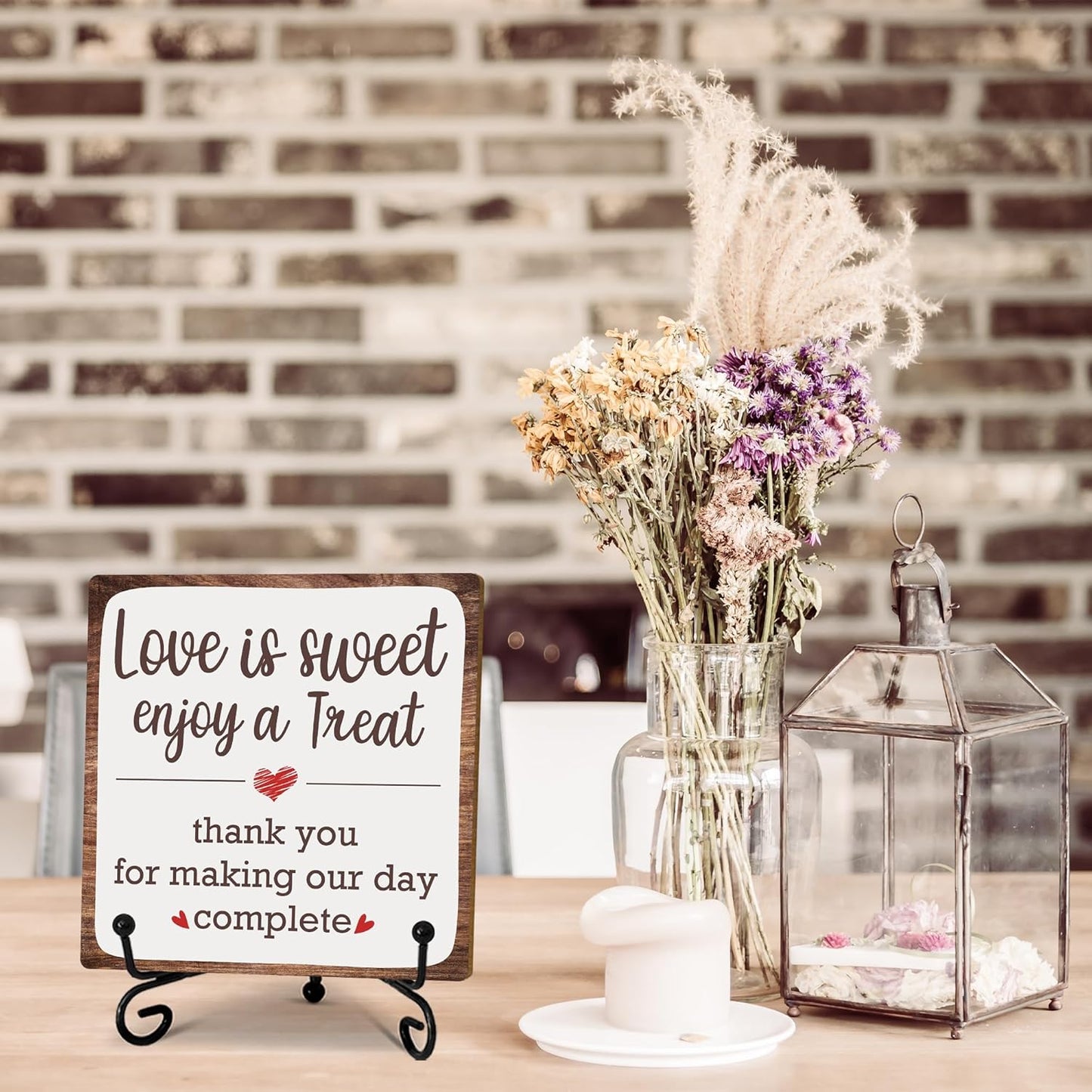 5“ Romantic Decor Plaque, Love Is Sweet Enjoy A Treat Table Sign With 1 Iron Support For Wedding Party Dessert Table, Wedding Party Bridal Shower Anniversary Valentine's Day Party Decor.