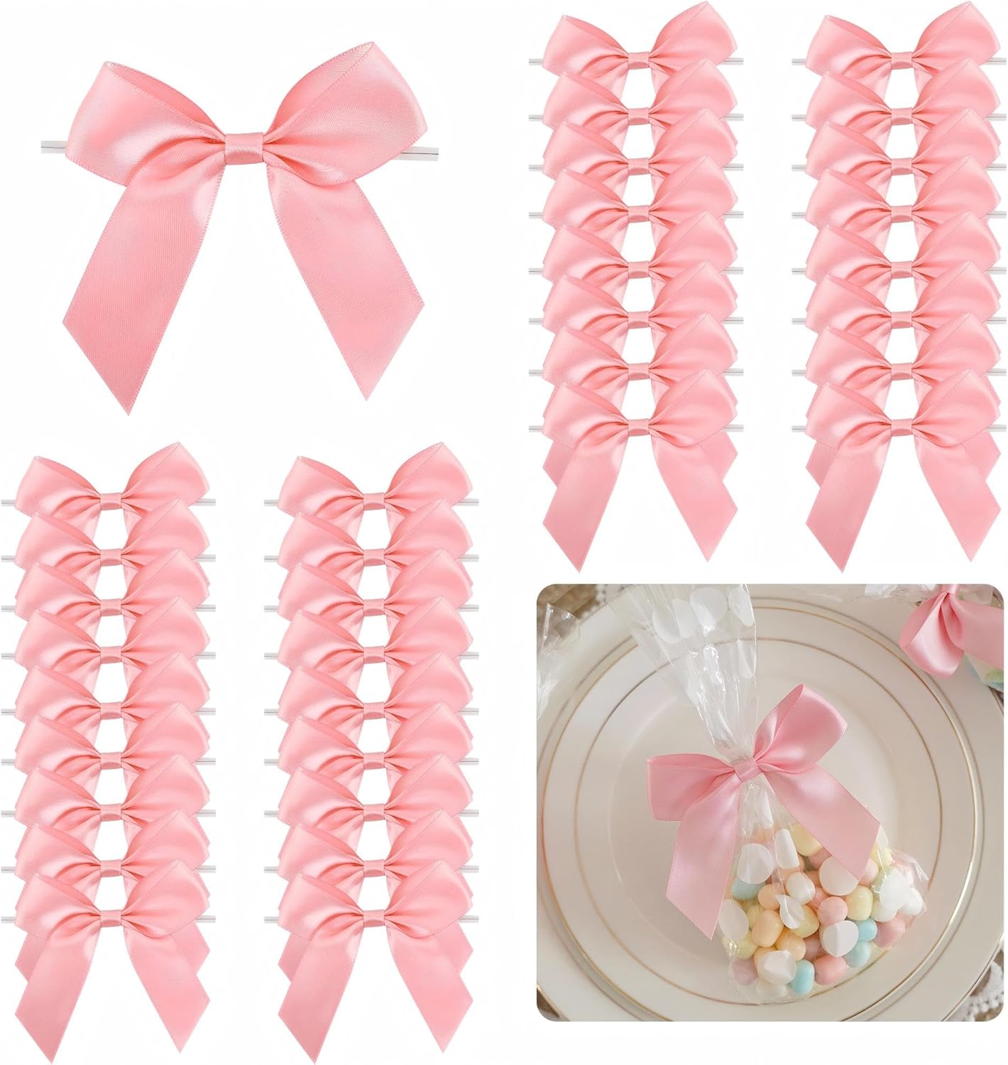 3.5" Pink Bow Satin Pre-Tied Bows for Gift Wrapping, Small Bows for Crafts, Premade Bows, Candy Apple Bows, Twist Tie Bows for Cake Decorating, Party Favor, Wedding Decoration-36 Counts