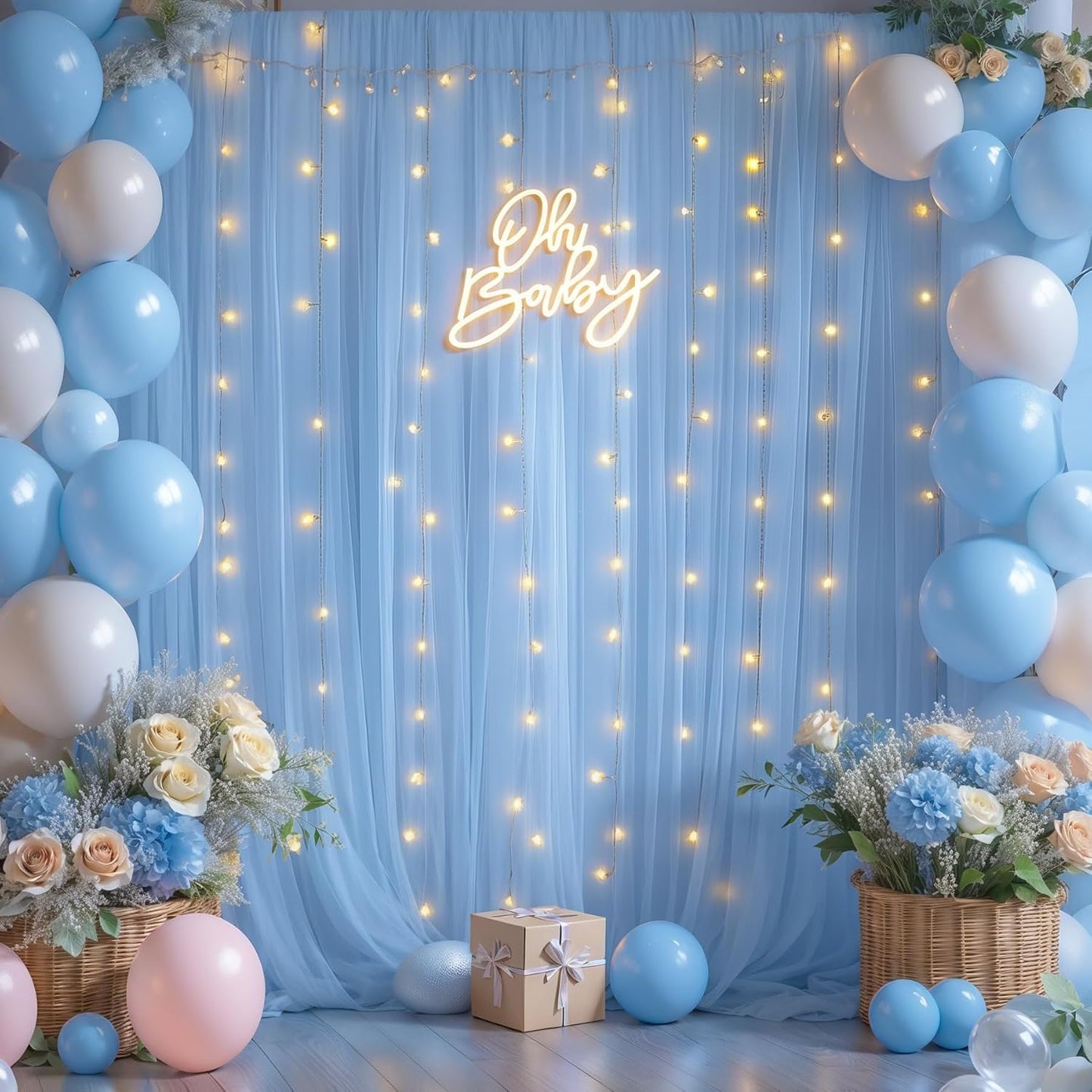 10x10ft Baby Blue Tulle Backdrop Curtains with Lights for Party Wedding Baby Shower, Sheer Wrinkle Free Backdrop Curtains for Birthday Party Photo Booth Background Decoration