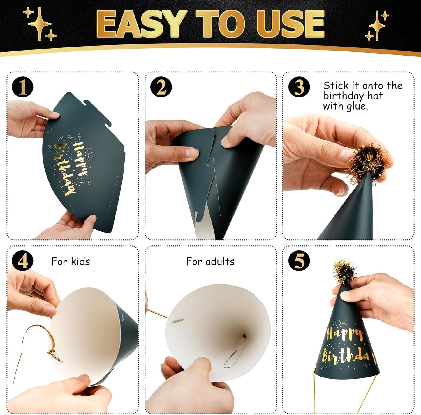 34 Pcs Birthday Party Hats - Gold Cone Hats Including 12 Paper Hats and 22 Noise Makers