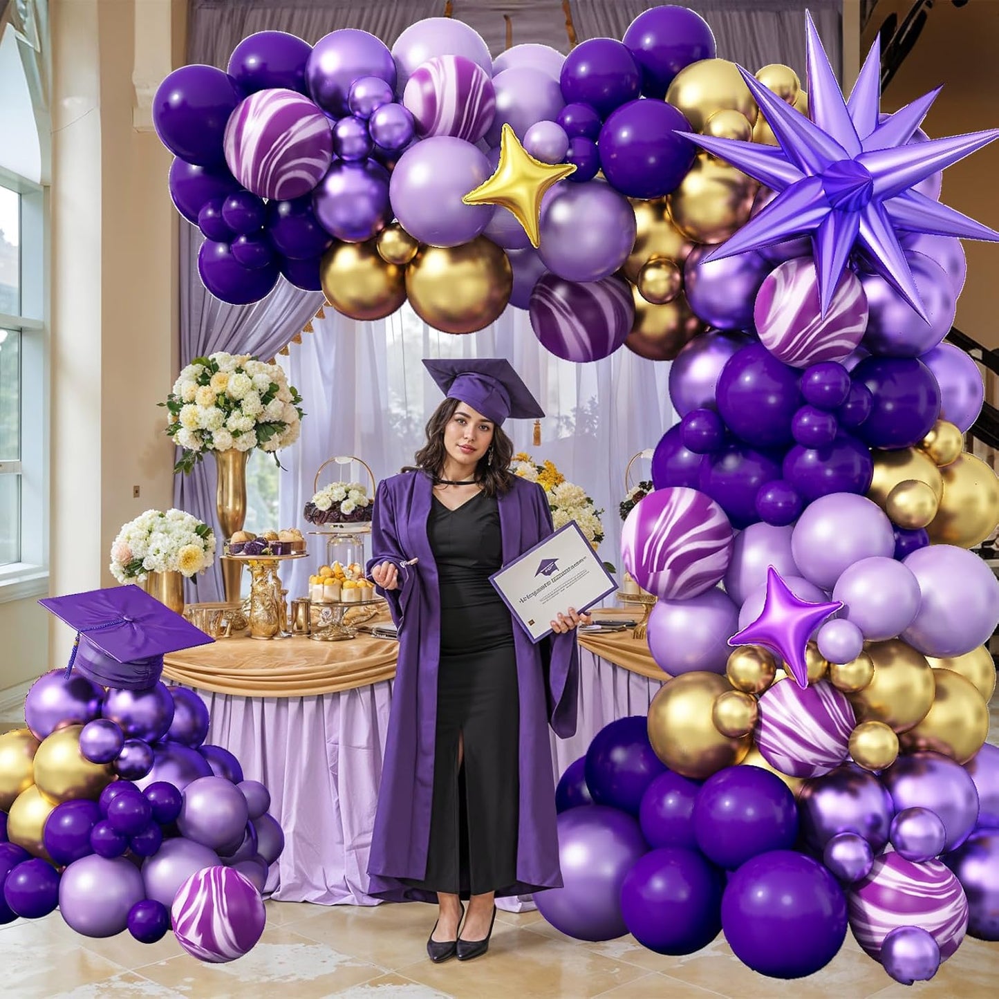Purple Balloon Arch Kit 110Pcs Purple and Gold Balloons Garland Kit with Explosion Star Balloons Metallic Dark Violet Lavender Lilac Birthday Party Decorations for Girls Women Graduation Prom Wedding