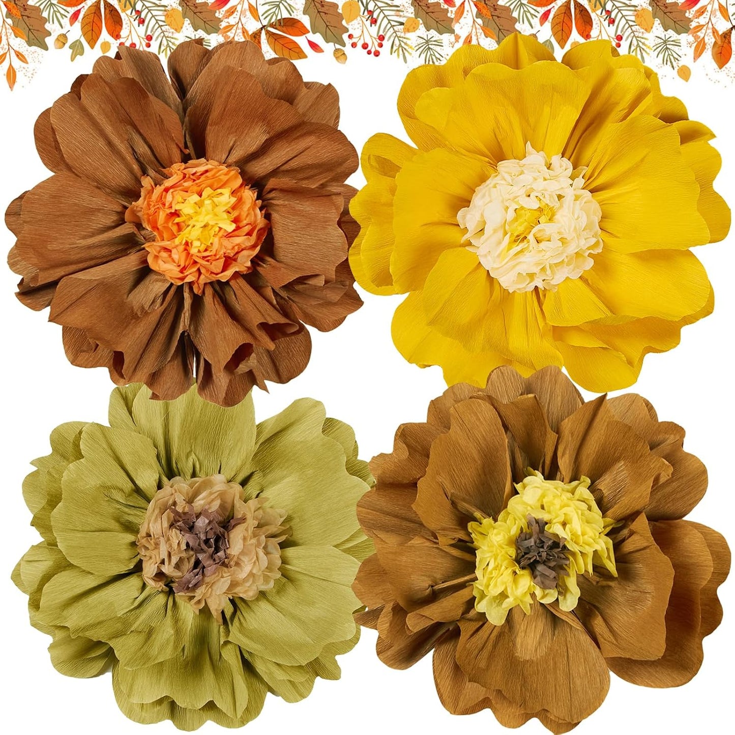 4 PCS 20" Brown Yellow Giant Paper Flowers Boho Baby Shower Party Decorations Thanksgiving Fall Autumn Large Tissue Pom Poms Neutral Floral Rustic Crepe Paper Flowers for Wall Birthday Wedding Garden
