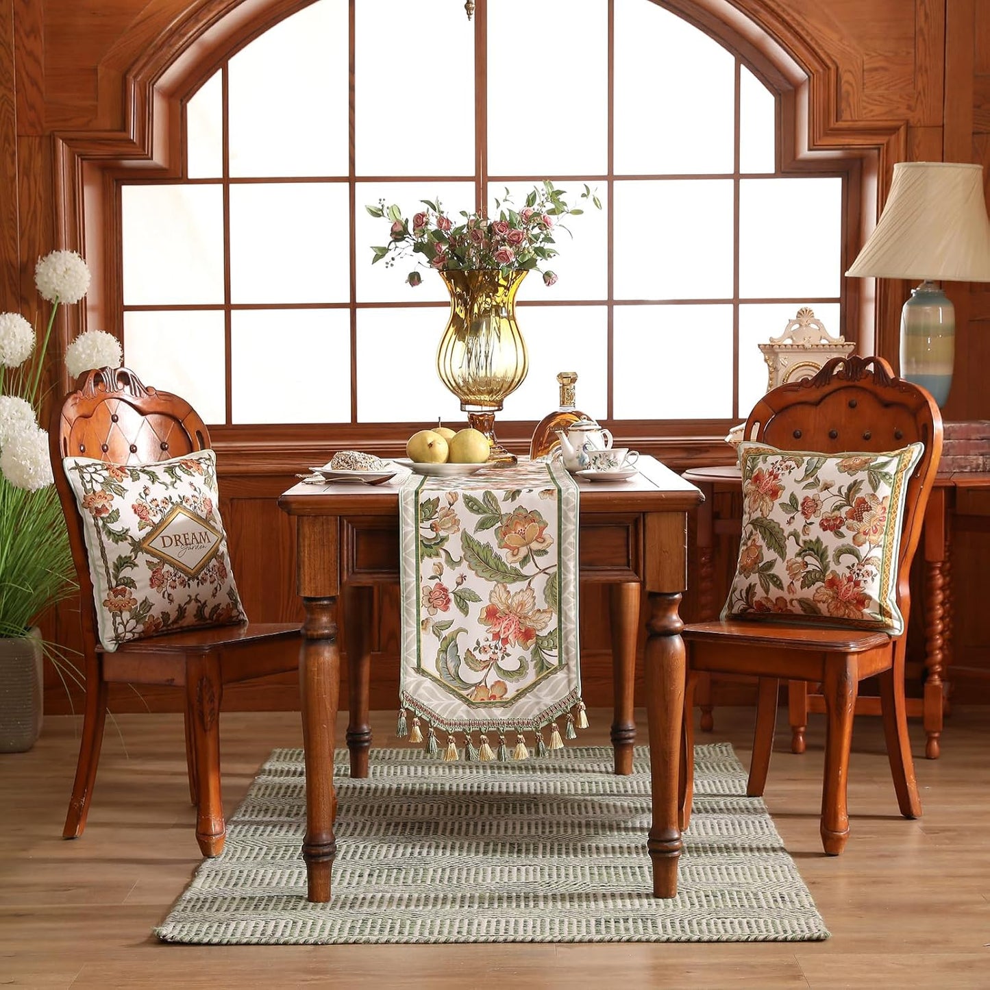 patdrea Designer Elegant French Floral Velvet Table Runner, Fresh Green with Orange Blossoms Pattern Table Mat, Decoration for Kitchen Dining Coffee Table Cabinet Banquet Thanksgiving,12"*71"