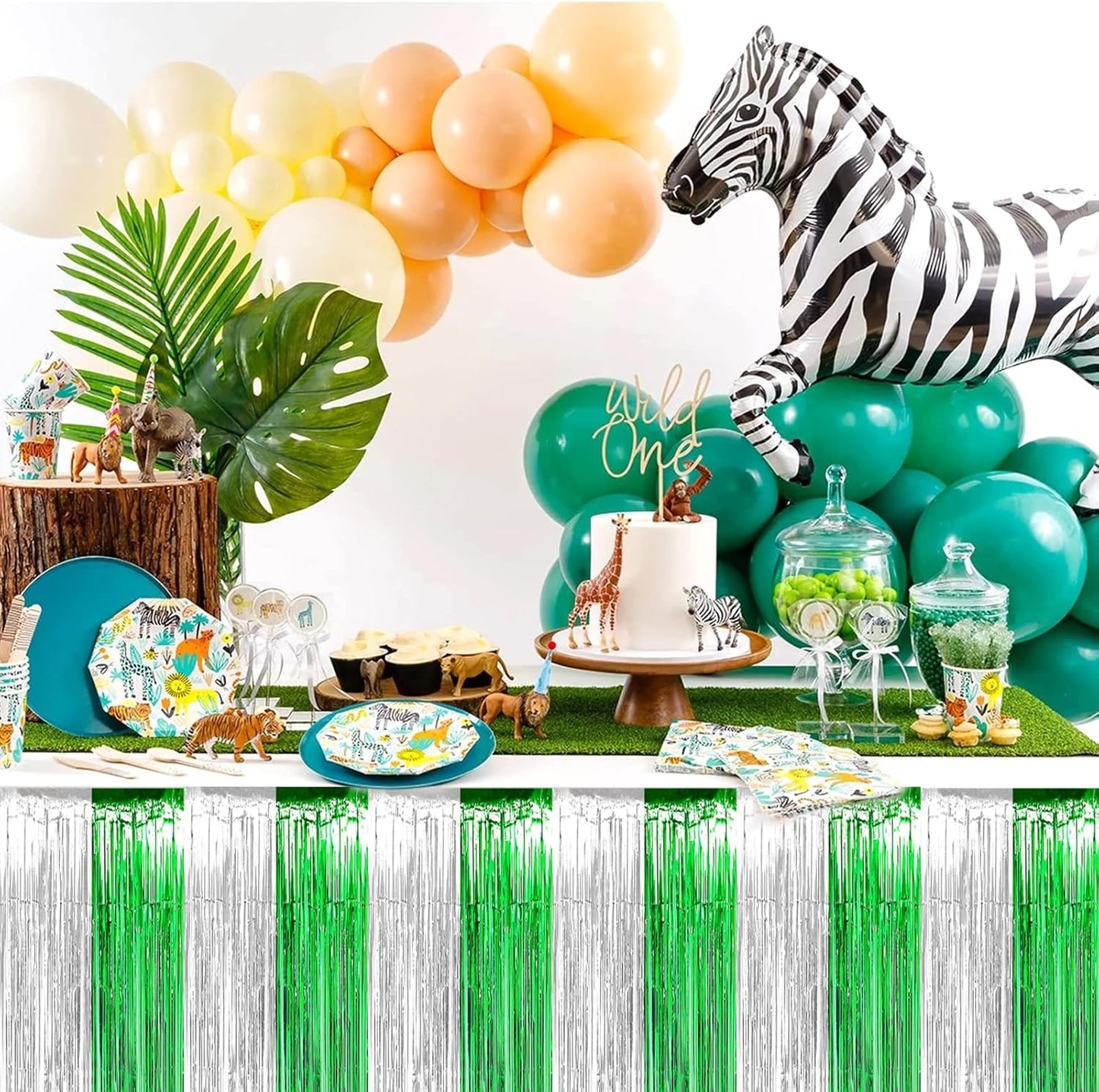 4 Pack 29x108 Inch Metallic Foil Fringe Tinsel Table Skirts for Rectangle Tables Streamer Backdrop for Wedding, Birthday, Parade Floats, Christmas, Halloween Party Decoration(Silver Green)