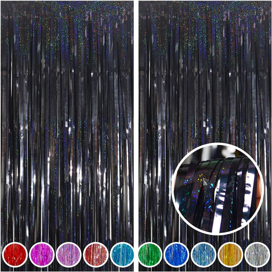 Melsan 2 Pack 3.2 ft x 8.2 ft Tinsel Foil Fringe Curtains Backdrop, Sparkle Metallic Foil Curtains for Halloween Graduation Retirement New Years Party Photo Booth Props Decoration (Black)