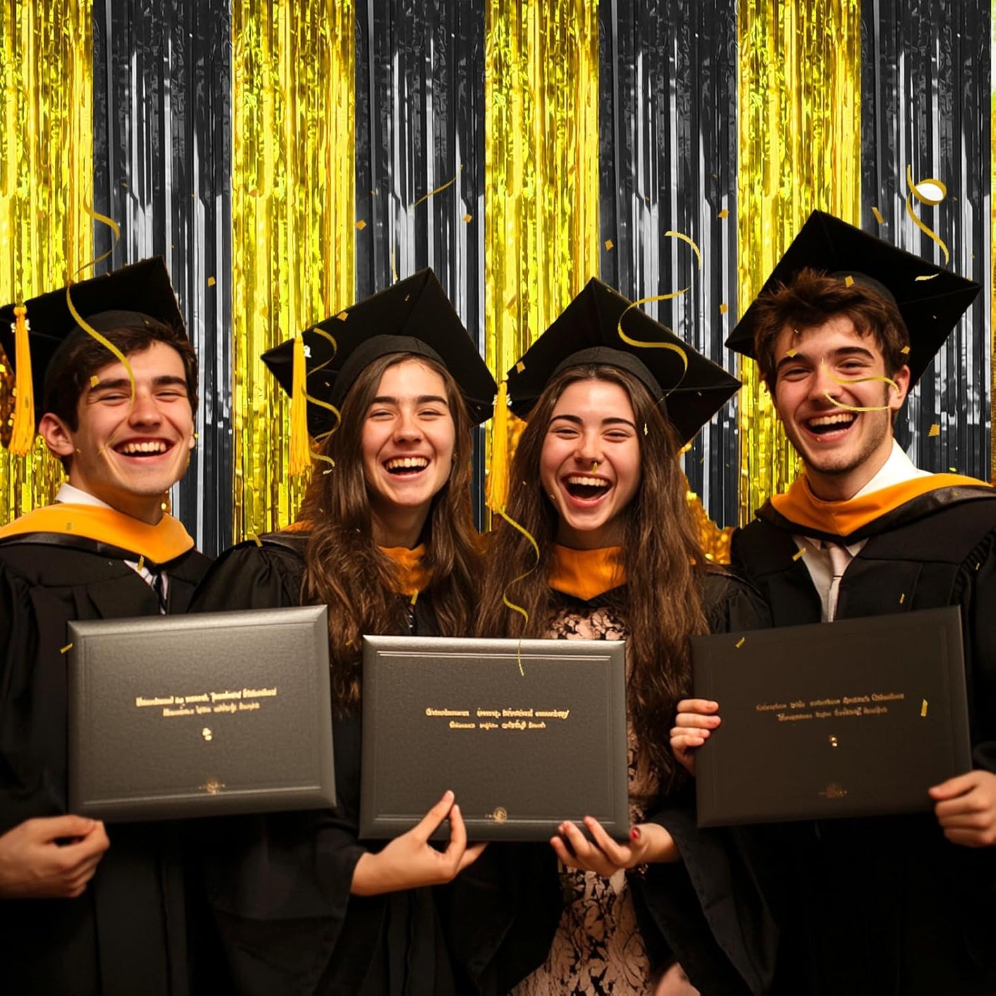 4 Packs Black and Gold Foil Fringe Curtain, Black Gold Metallic Tinsel Backdrop for Birthday, Wedding, Graduation Decorations 2025, Anniversary, Retirement Party Decorations Supplies