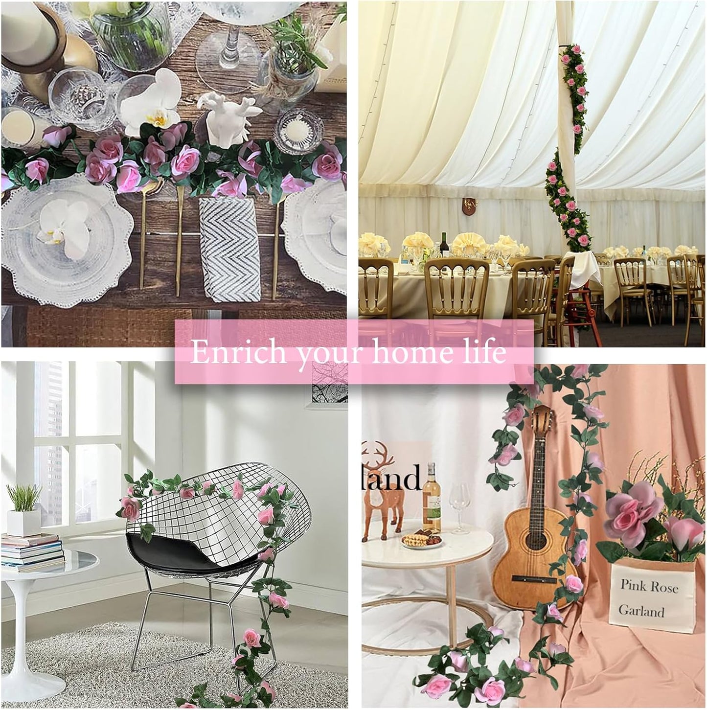 4 Pack Artificial Rose Vine Garland Fake Roses Flowers Plants Vines Hanging Floral Leaves Decoration for Wedding Party Table Garden Arch Wall Home Room Decor(Pink)