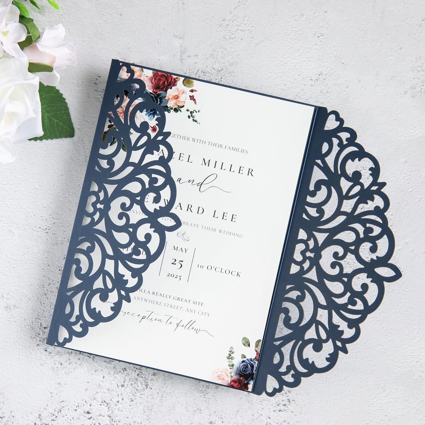 20Pcs Navy Blue Laser Cut Invitation Cards With Blank Inner Sheets for Wedding Cards Bridal Shower Engagement Quinceanera Invitation (No Envelopes)