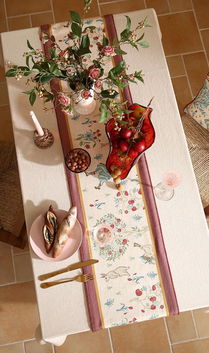 patdrea Designer Idyll Linen Table Runner, Vintage Beige Farmhouse with Ancient Spring Figure and Fruit Trees Pattern Table Mat, Decoration for Kitchen Dining Banquet Christmas ,12"*71"