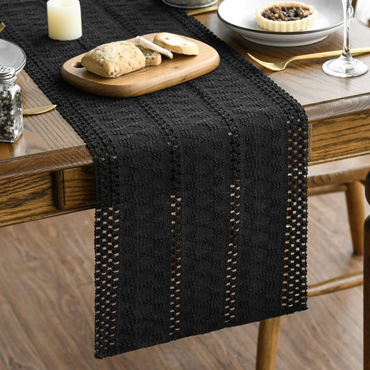 Artoid Mode Black Farmhouse Woven Rustic Hollow Table Runner, Seasonal Holiday Hollow Kitchen Dining Table Decoration for Home Party Decor 12x60 Inch