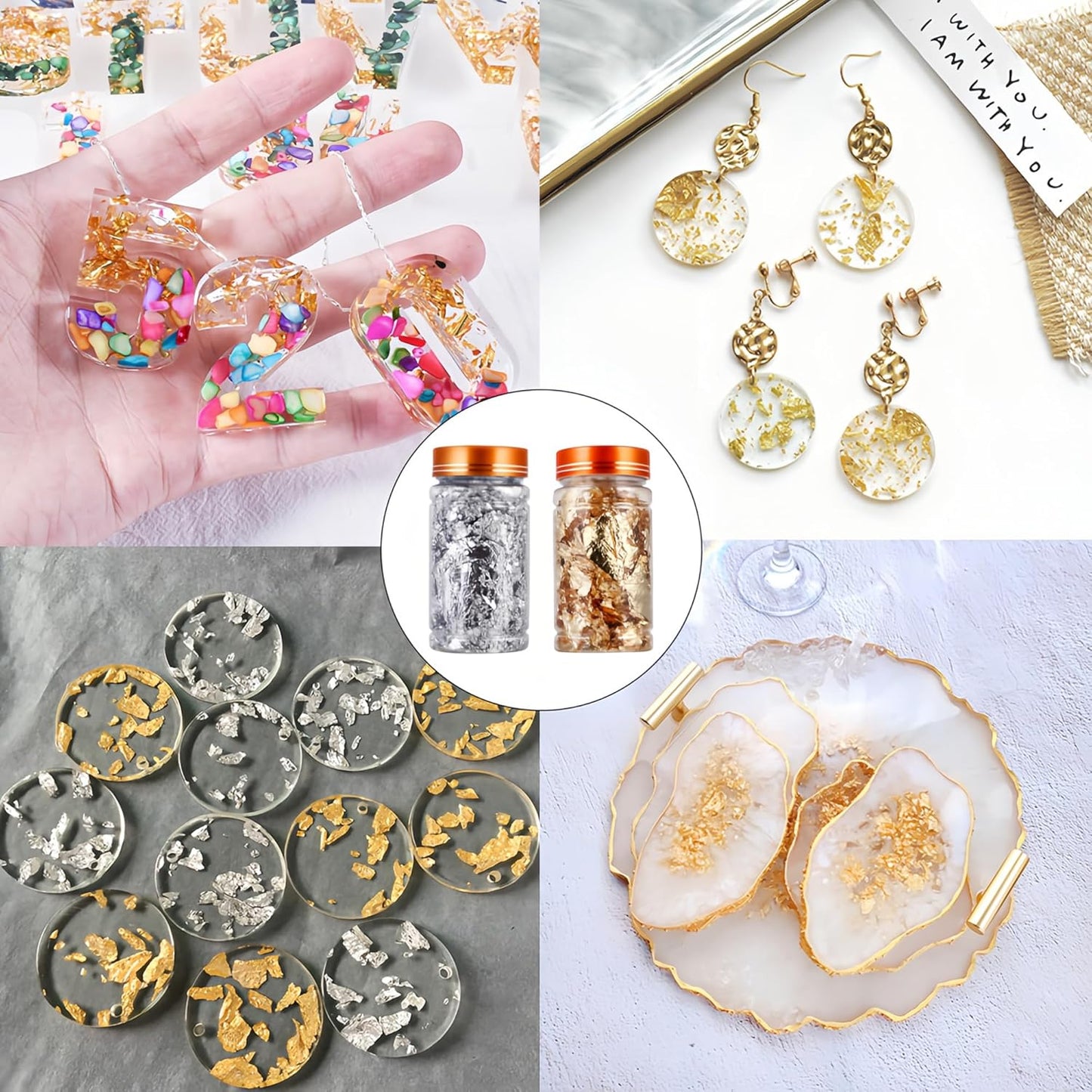 Joyzan Gold Flakes, Gold Foil Leaf Decoration Imitation Metallic Chocolates Baking Sheet Cake Decor Tweezers Resin Cooking Dessert Makeup Nail Art DIY Craft Jewelry Making Painting Slime 20g 2 Bottles