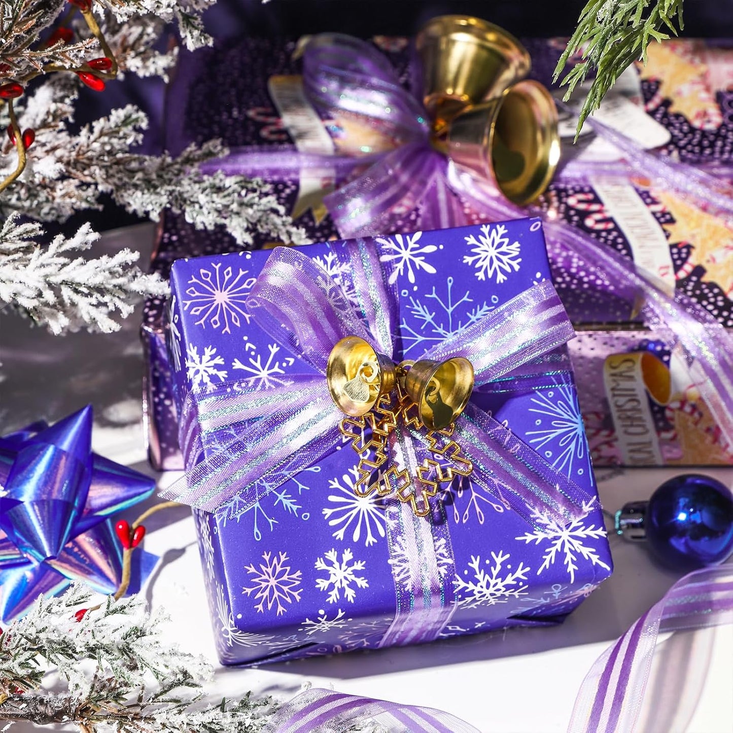 LeZakaa Christmas Purple Wrapping Paper Mini Roll, Have a Magical Christmas Cake Stand, Snowflake in Purple, Metallic Foil, Reversible Design for Winter Holiday Family Gathering, 17 inches x 32.8 Feet