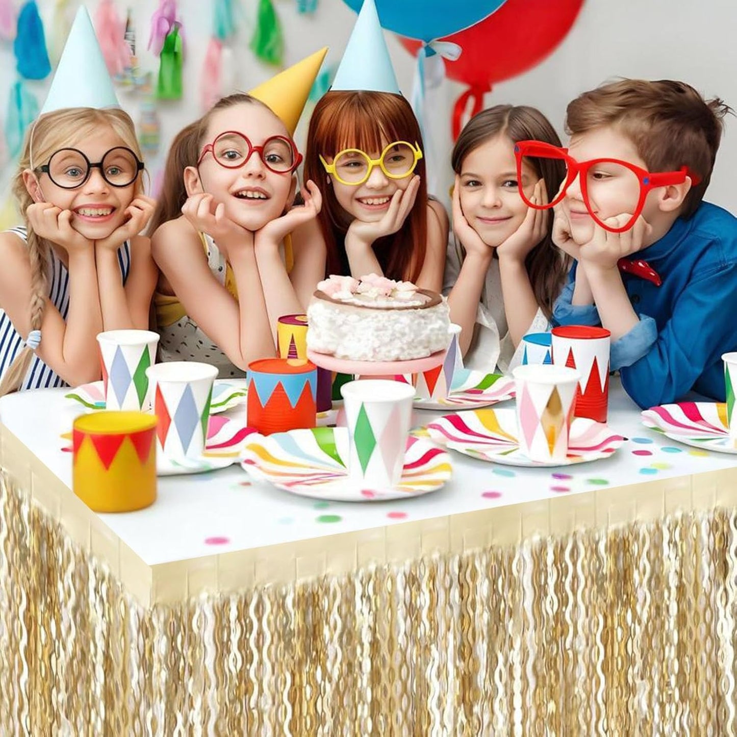 6 Pack 29x108 Inch Champagne Gold Wave Foil Fringe Table Skirts Metallic Banner for Tinsel Streamer Garland Backdrop for Parade Floats Wedding, Mother's Day, Birthday Mardi Gras Party Decorations