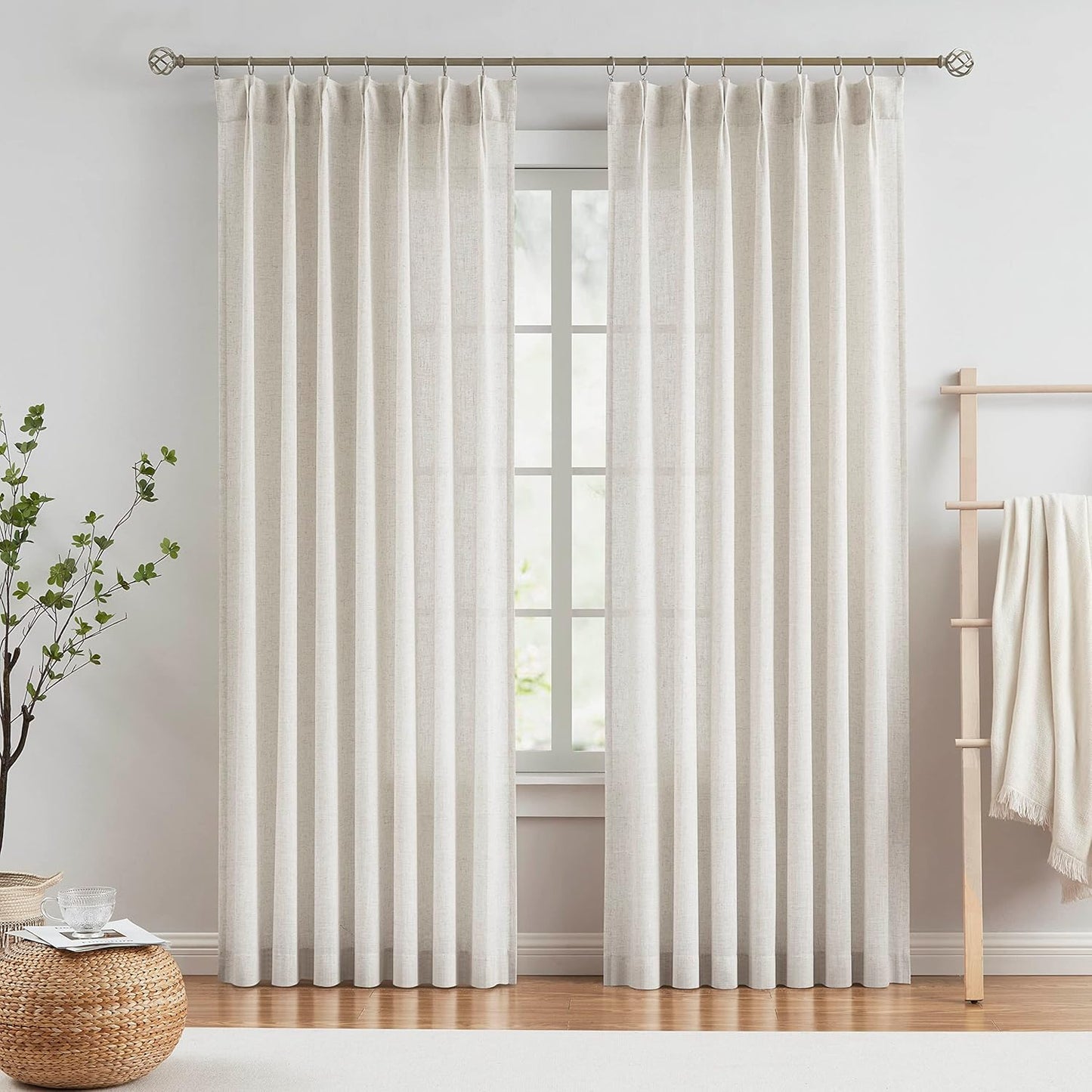Vision Home Natural Pinch Pleated Semi Sheer Curtains Textured Linen Blended Light Filtering Window Curtains 84 inch for Living Room Bedroom Pinch Pleat Drapes with Hooks 2 Panels 42" Wx84 L