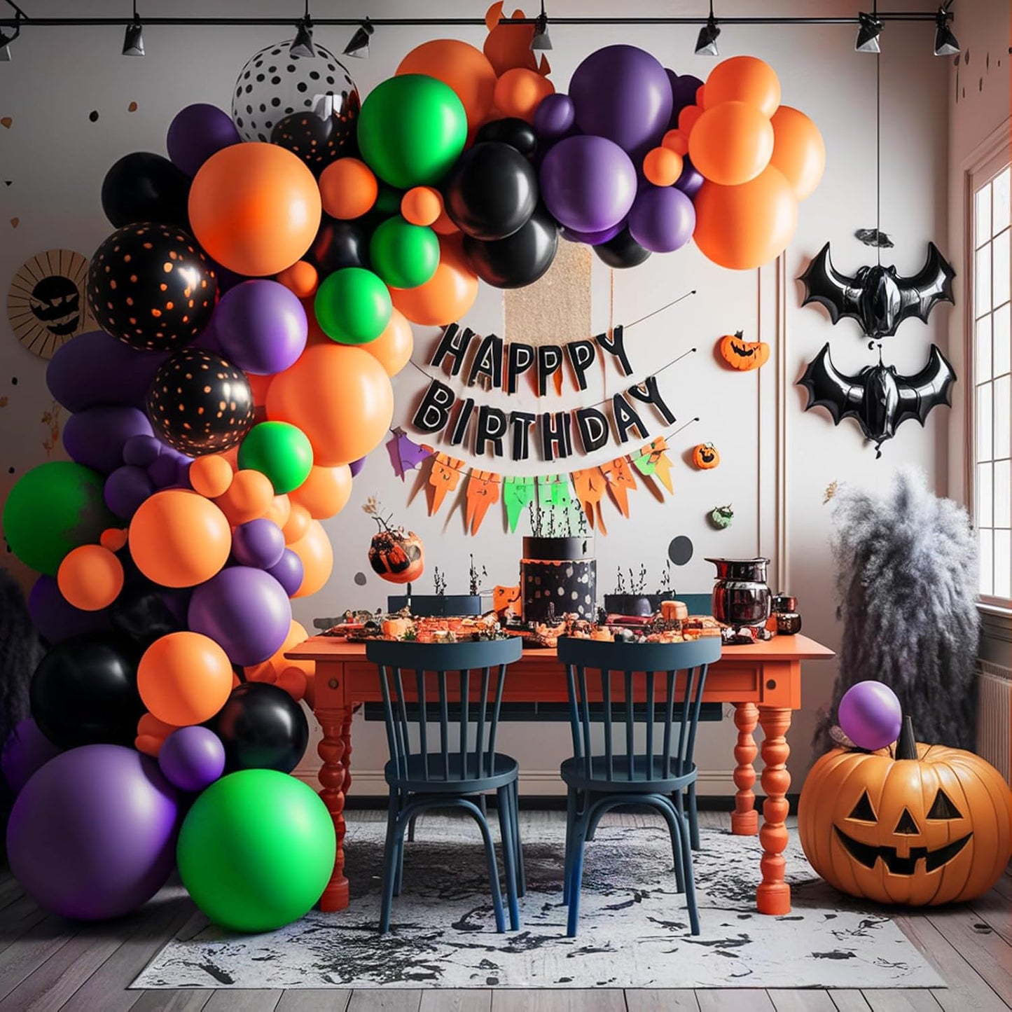 Purple Green Orange Balloons Set, 12inch Halloween Ballons Black Balloon Confetti Purple Green Orange Balloons For Girls Birthday Baby Shower Bridal Halloween Party Decorations