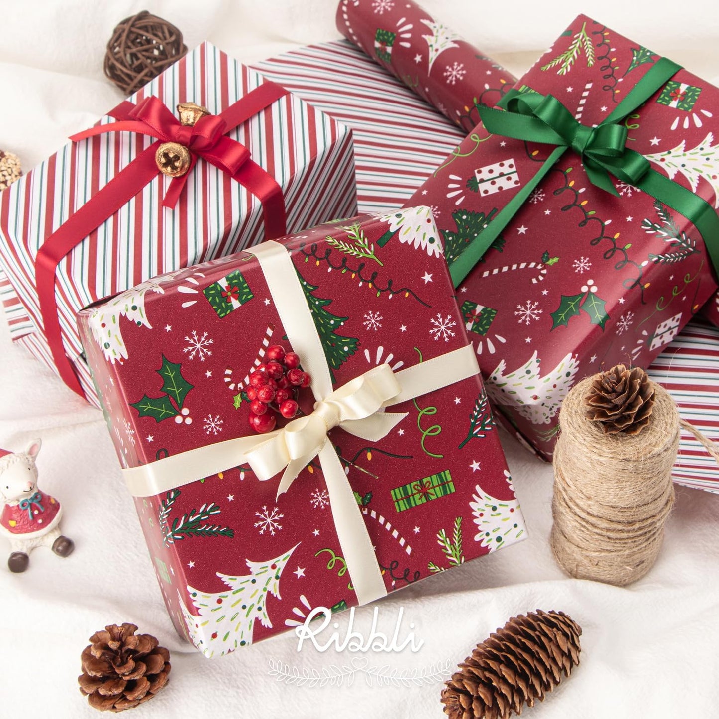Ribbli Christmas Wrapping Paper Reversible Christmas Tree and Red Green Stripe Gift Wrapping Paper-17 Inch x 33 Feet
