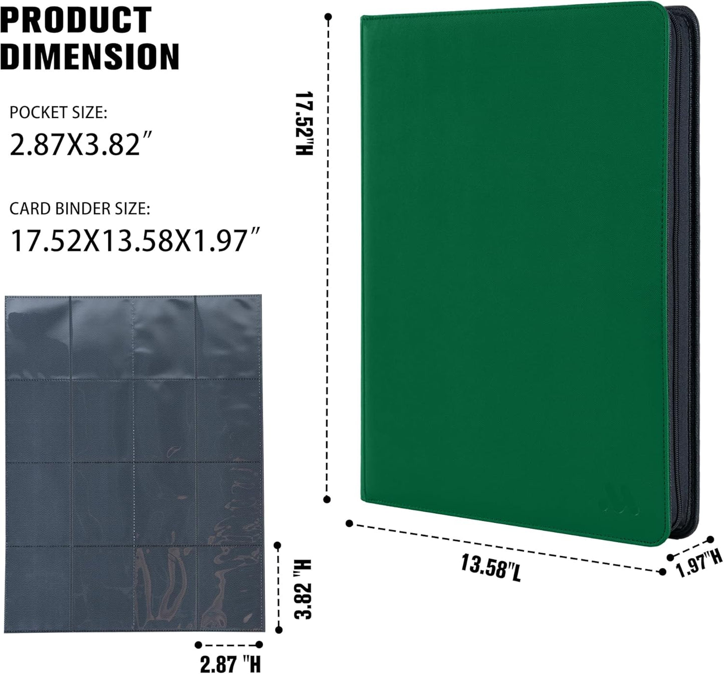 Premium 1000+ Pockets Card Binder,16 Pockets Trading Card Binder Ringless Side Loading Trading Card Album Folder for TCG -Dark Green