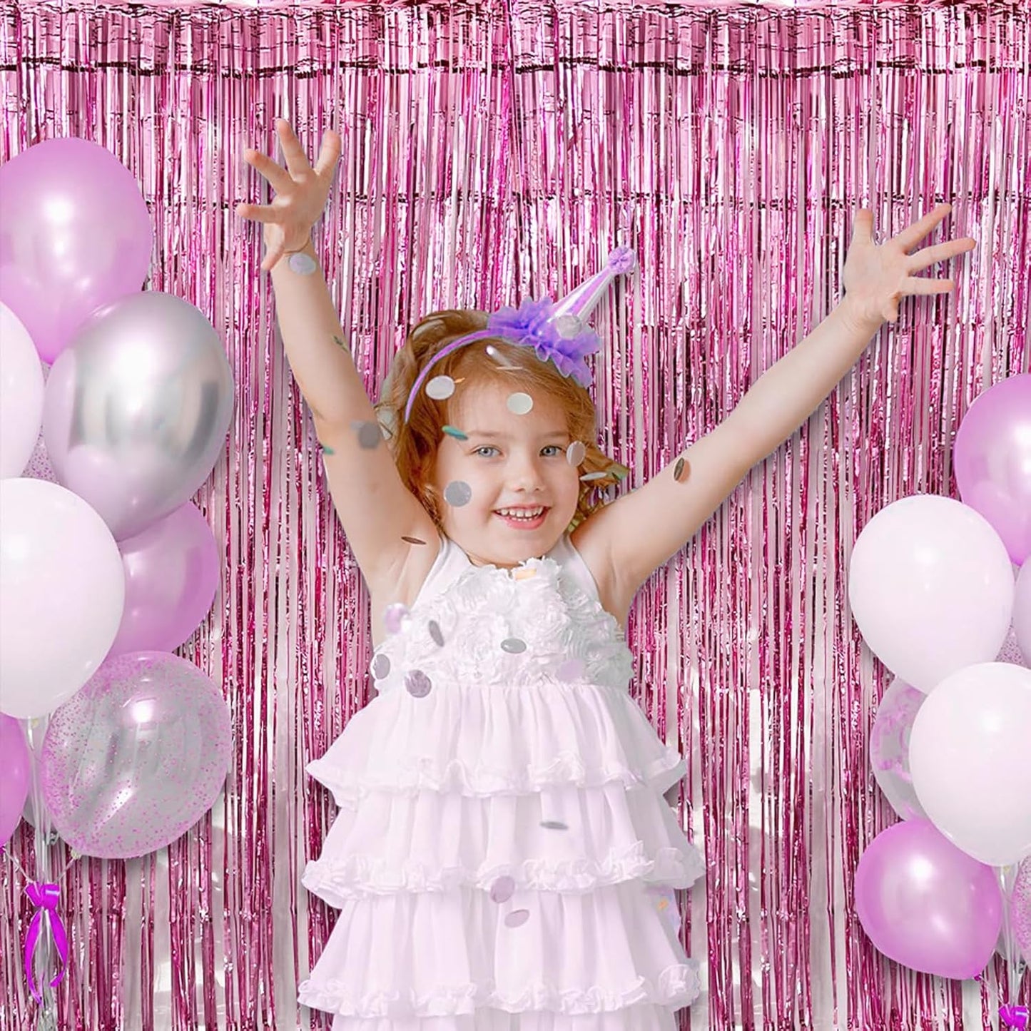 CANREVEL 2 Pack 3.3x8.2 Feet Pink Foil Fringe Backdrop Curtains, Tinsel Streamers Birthday Party Decorations, Fringe Backdrop for Girl Princess Bachelorette Euphoria Theme Party