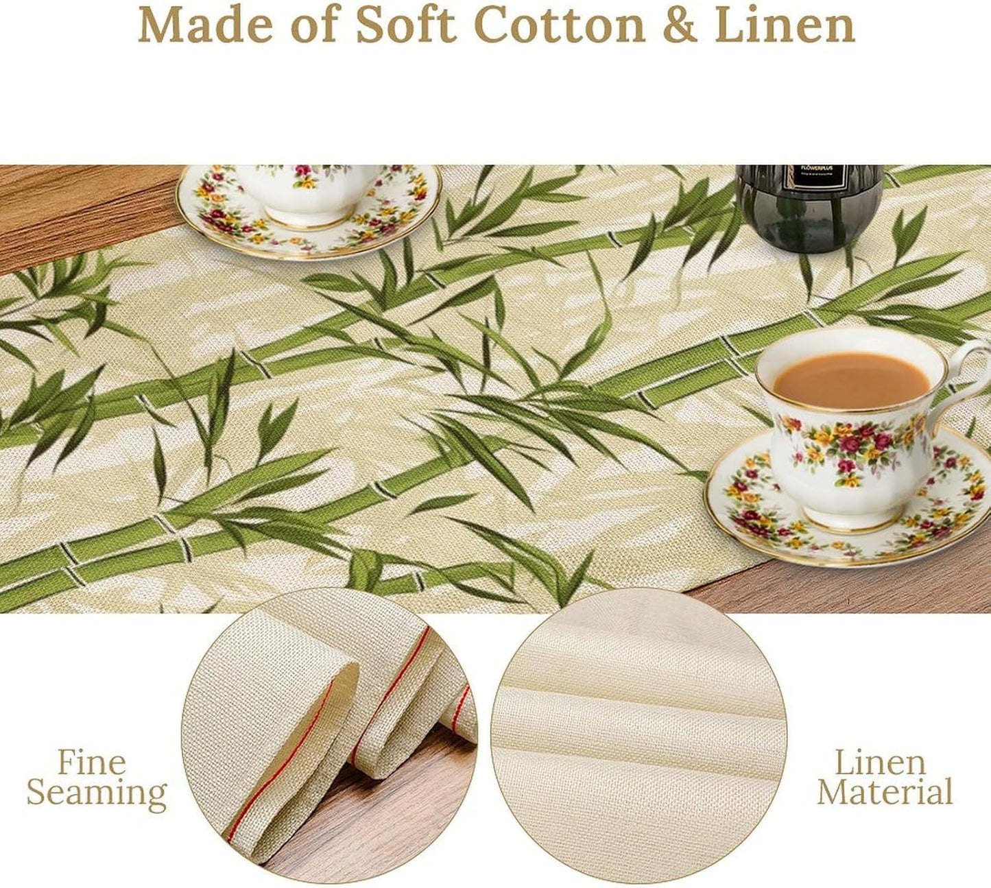 Bamboo Table Runner,Green Plant Leaf Pattern Table Cloth Kitchen Dining Table Home Party Decoration 13x72 Inch