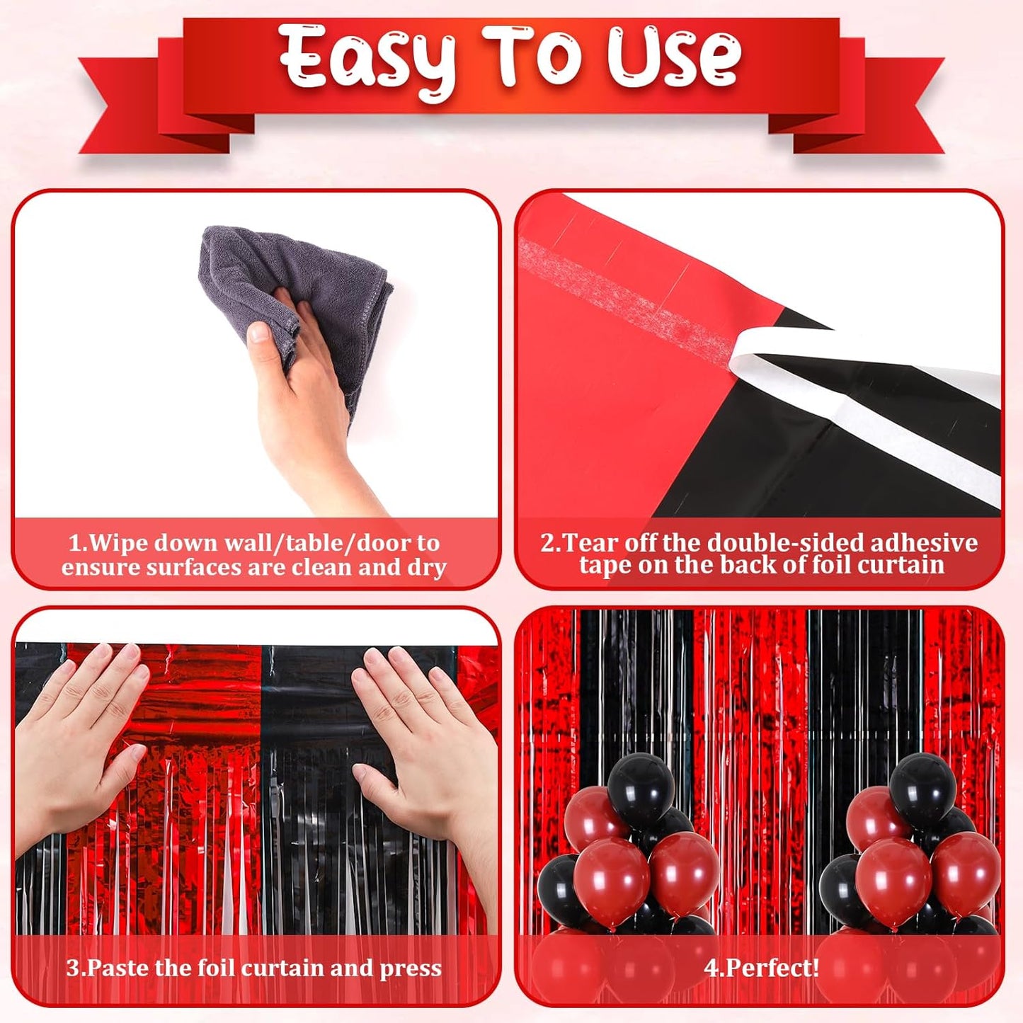 2 Pack 3.3x8.2 Feet Red and Black Foil Fringe Backdrop Curtains, Tinsel Streamers Birthday Party Decorations, Fringe Backdrop for Graduation, Movie Night, Horror Party