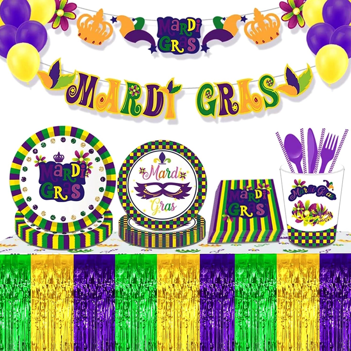 4 Pack 29x108 Inch Mardi Gras Metallic Foil Fringe Tinsel Table Skirts for Rectangle Tables Streamer Backdrop for Wedding, Birthday, Parade Floats, Valentine's Day Party Decoration(Gold Green Purple)