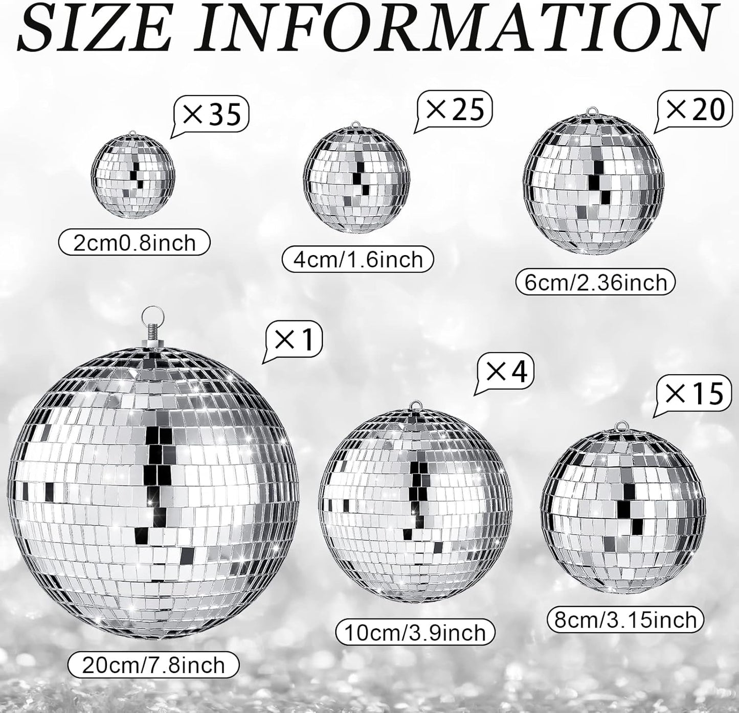 Funtery 100 Pcs Mirror Disco Balls Bulk Assorted Silver Hanging Disco Ball Decor for Home Wedding Birthday Dance Music 70 S Theme Party Christmas Tree Ornaments(1, 2, 3, 4, 6, 8)