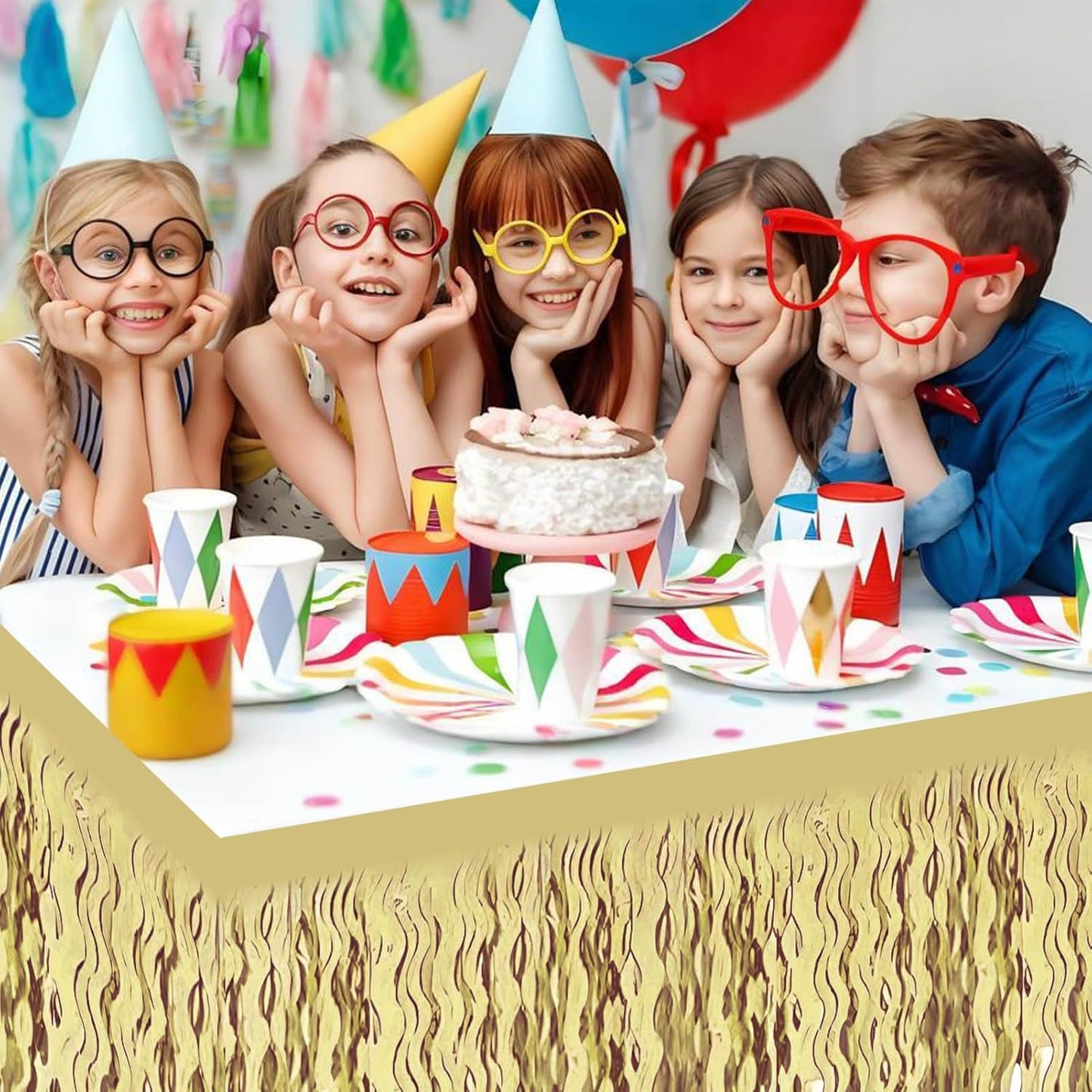 6 Pack 29x108 Inch Light Gold Wave Foil Fringe Table Skirts Metallic Banner for Tinsel Streamer Garland Backdrop for Parade Floats Wedding, Mother's Day, Birthday Mardi Gras Party Decorations