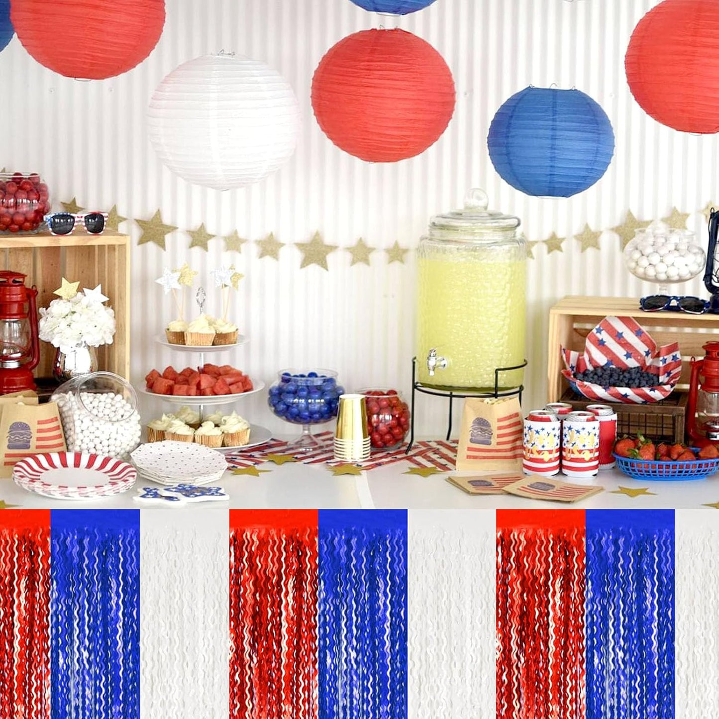 6 Pack 29 x108 Inch White Blue Red Wave Foil Fringe Table Skirts Metallic Banner for Tinsel Streamer Garland Backdrop for Parade Floats, Mother's Day, Easter, Wedding, Birthday Party Decoration