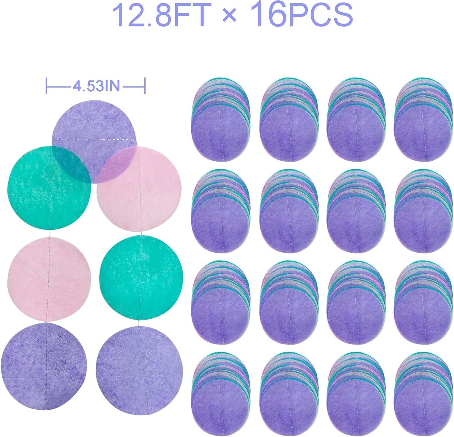 205 Ft Teal Purple Party Decorations Big Circle Dot Backdrop Garland Tissue Paper Polka Dots Hanging Curtain Streamer for Mermaid Under the Sea Birthday Bachelorette Wedding Baby Shower Party Supplies