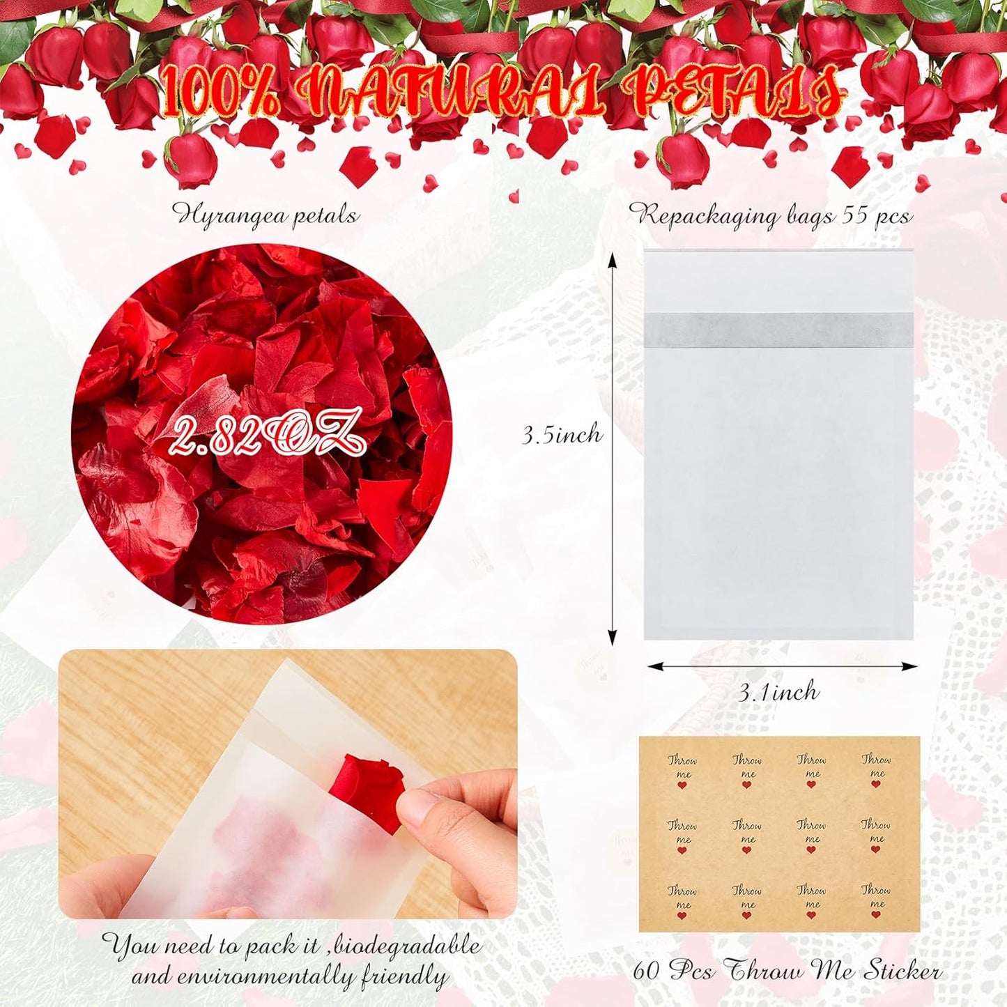 Biodegradable Confetti 10.58 Oz eucalyptus leaves Dried Flower Petals with Throw Me Stickers Confetti Biodegradable Flower Petals for Valentines Decor (Red Rose,Red,60 Pcs)
