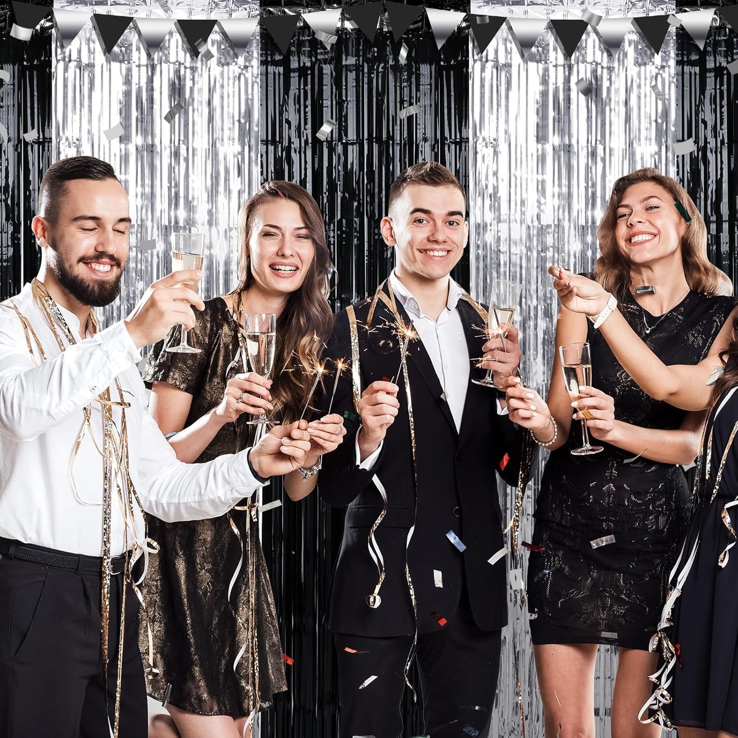 3 Pack 3.3Ft x 6.6Ft Graduation Foil Fringe Curtain Backdrop Decorations, Black Silver Metallic Tinsel Foil Streamers Curtain Photo Background for Graduation Prom Wedding Birthday Party Decorations