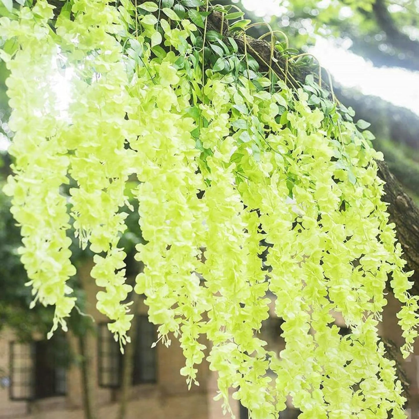 24 Pack Green Wisteria Hanging Flowers Garland, 3.77 Feet Artificial Flower Vines, Fake Wisteria, Artificial Vines Hanging Garland for Backdrop Outdoor Yard Garden Decor