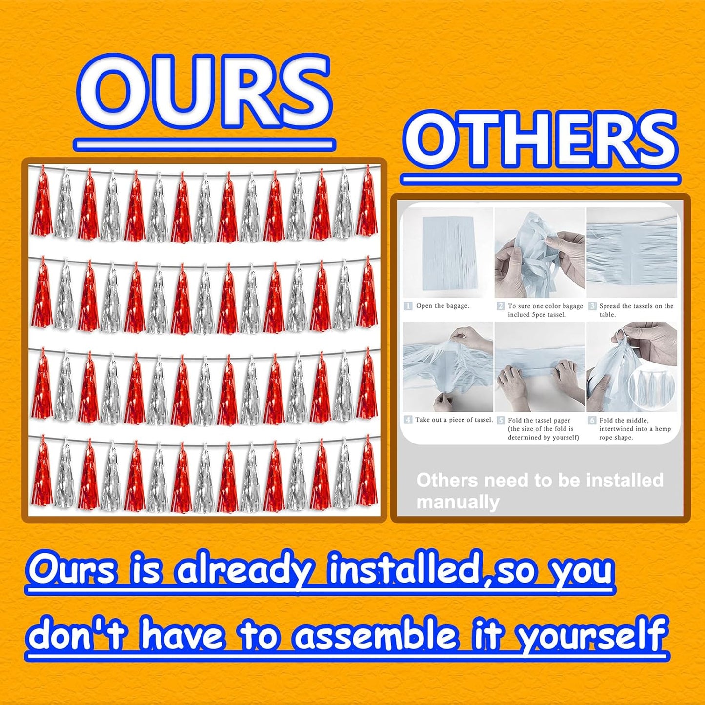 4P Red Silver Foil Fringe Tassel Banner Garland Metallic Tinsel Streamers Wall Hanging Curtain Backdrop Banner for Parade Floats, 2024 Graduation Decorations, Father's Day, Wedding Party Decoration